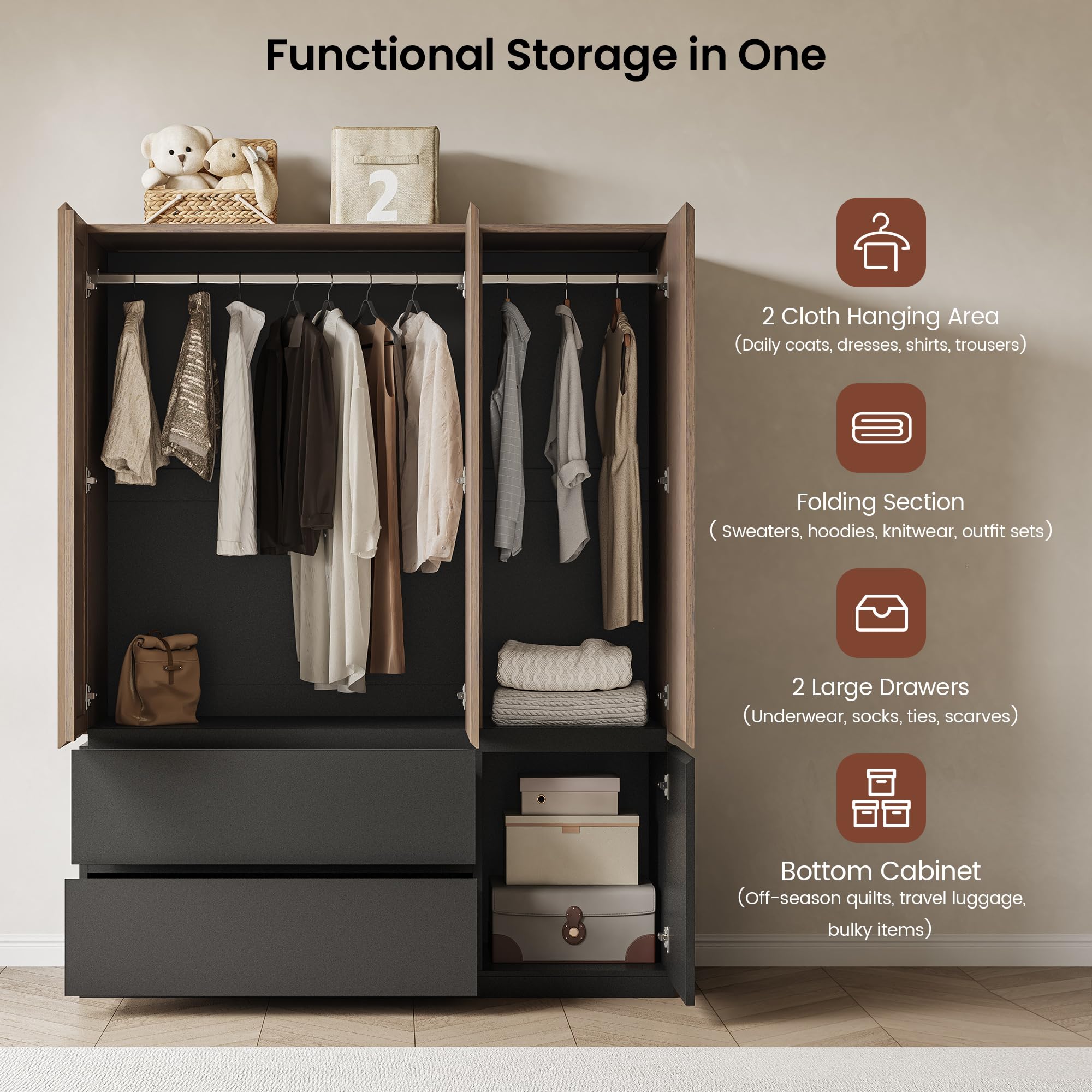 ModernMate 71" Wardrobe Armoire Closet with Mirror & 2 Drawers, Freestanding 3-Door Wooden Closet with 2 Hanging Rods, Steel Ball Slides, Compact Storage Cabinet for Bedroom, Rental, Apartment, Dorm