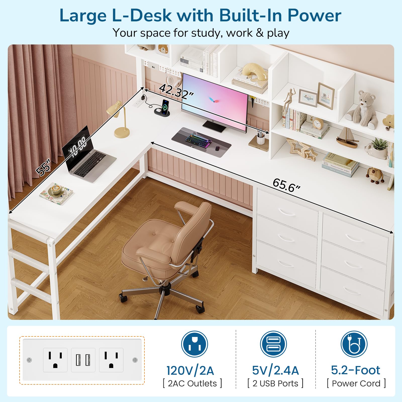 Full Size Loft Bed with Desk, Storage & LED Lights