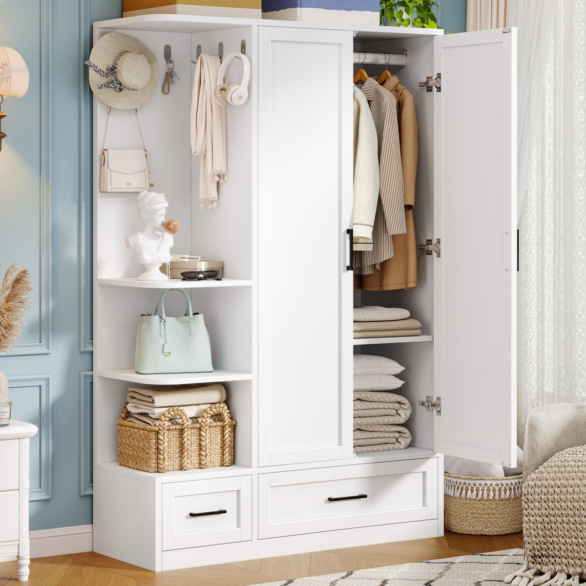 DynJest Armoire Wardrobe Closet with 2 Drawers, 70" Tall Clothing Storage Cabinet with Hanging Rod, 3 Open Shelves & 5 Hooks, 2 Doors Large Capacity Wooden Cabinet for Bedroom, White