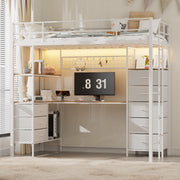 Twin Size Loft Bed with Desk, LED Lights, Charging Station, Industrial Loft Bed Frame with 3 Storage Shelves and 8 Fabric Drawers, Safety Guard & Ladder,LED Metal Twin Size Bunk Bed (Off White)