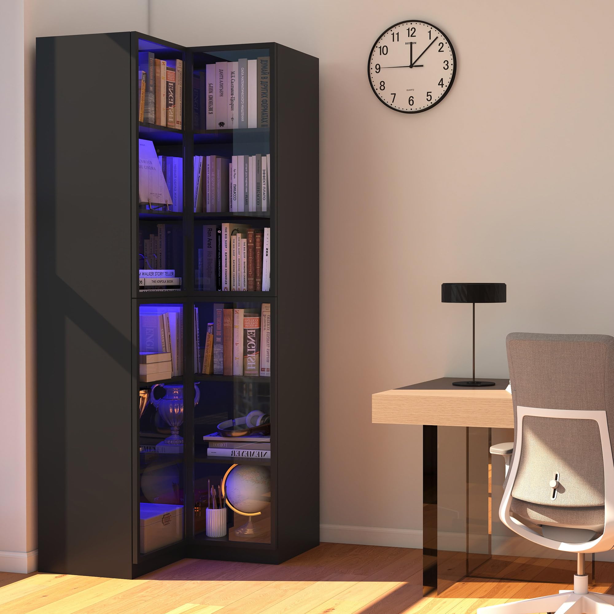 L-Shaped Corner Bookcase with Glass Doors & LED Lights