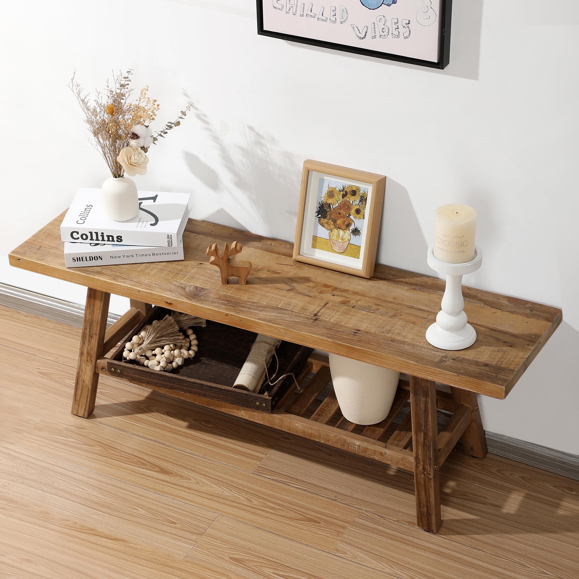 Reclaimed Wood Entryway Bench with Storage Shelf