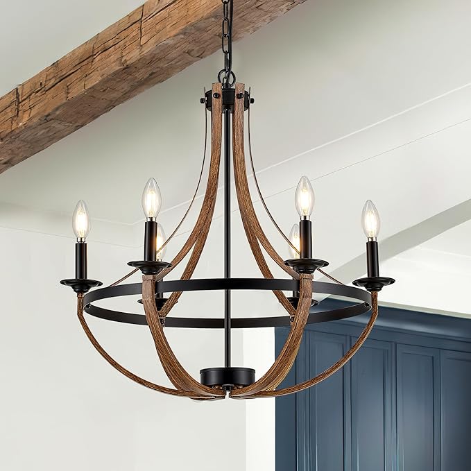 Rustic Drum Chandelier – Wood & Black Metal