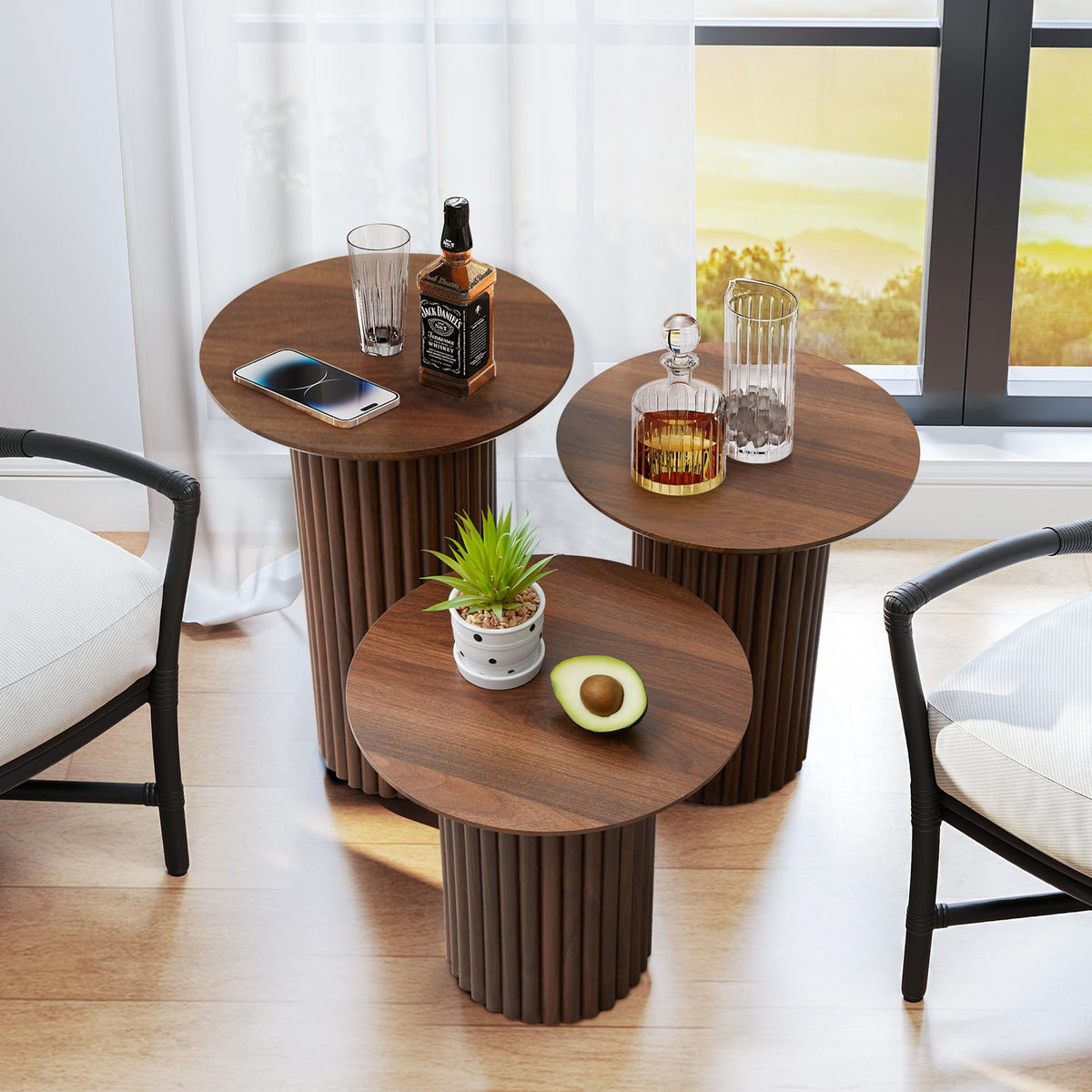 Bifins Walnut Round Nesting Coffee Table Set of 3