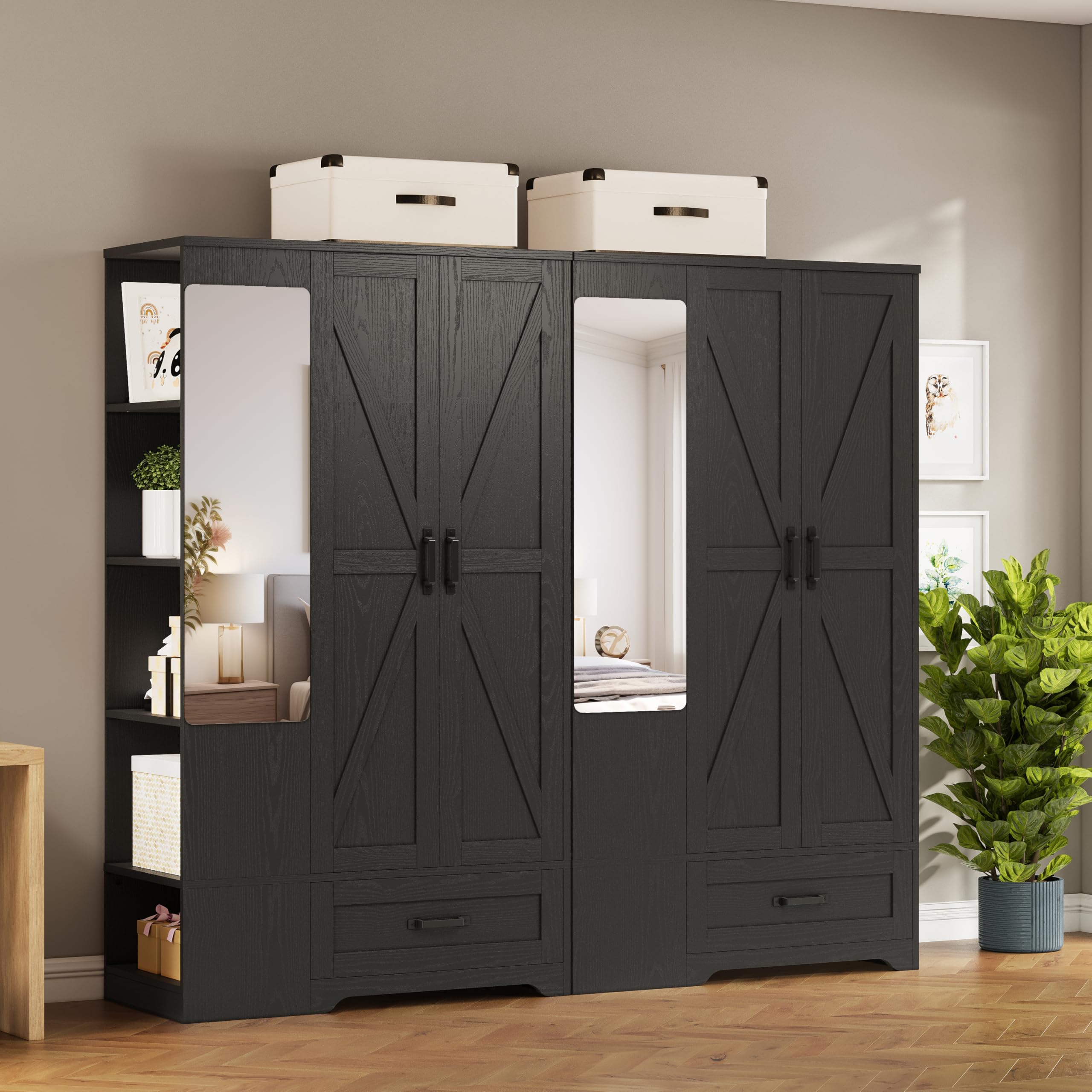 Barn Door Wardrobe Closet with Mirror, Shelves & Drawer