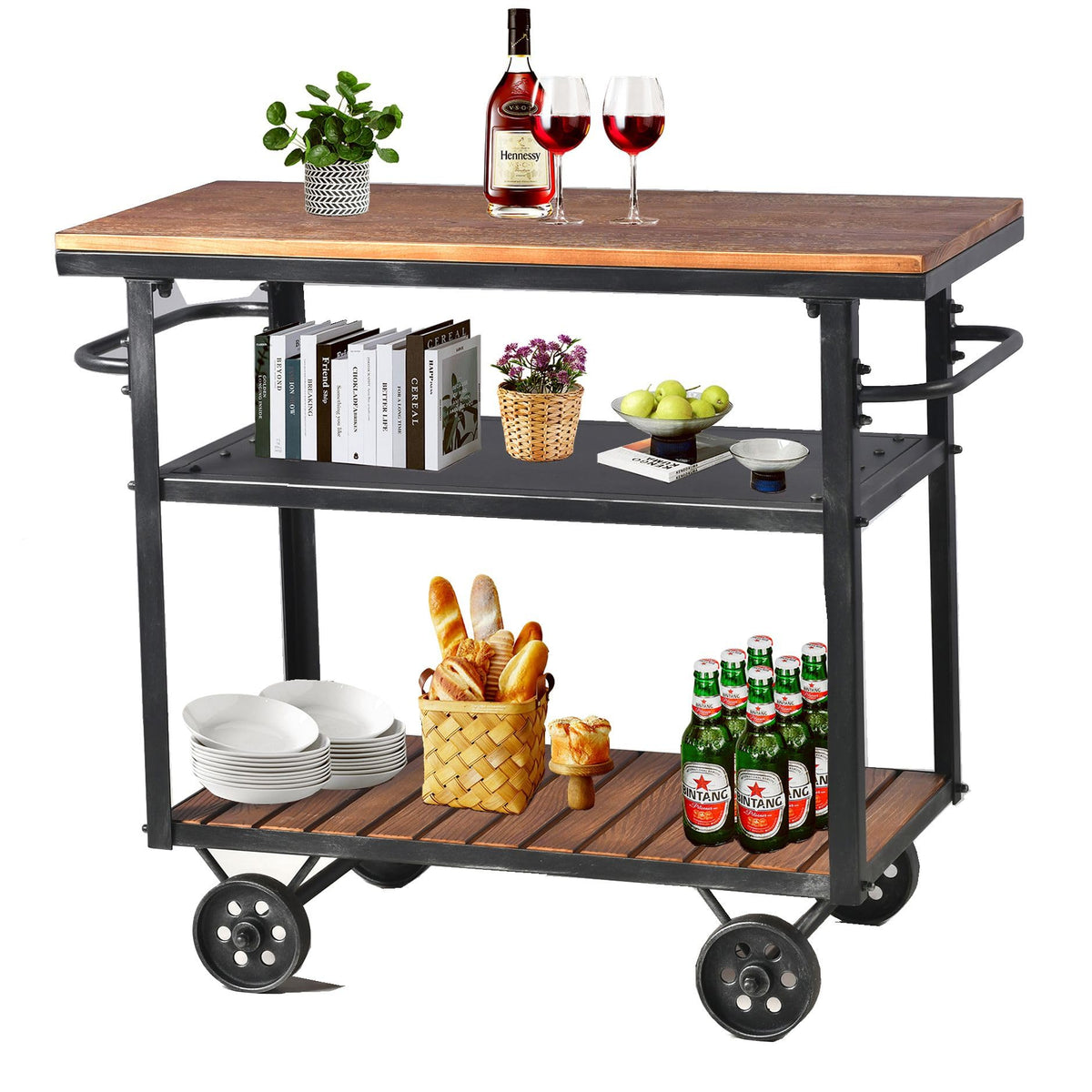 Diwhy Industrial 3 Tier Rolling Utility Storage Cart Wine Beverage, Metal Wine Rack with Wheels Kitchen Bar Dining Room Tea Wine, Storage Cart with Wood, Silver