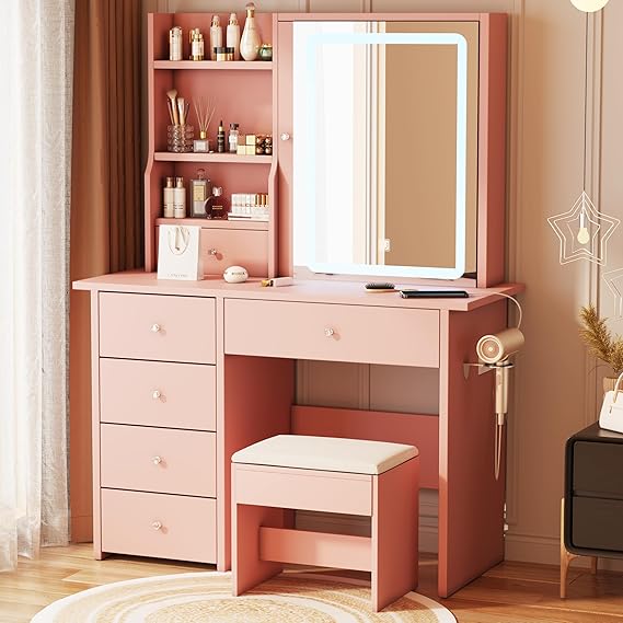 Vanity Desk with Mirror, LED Lights & Power Outlet