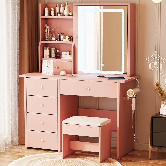 White Vanity Desk with LED Mirror