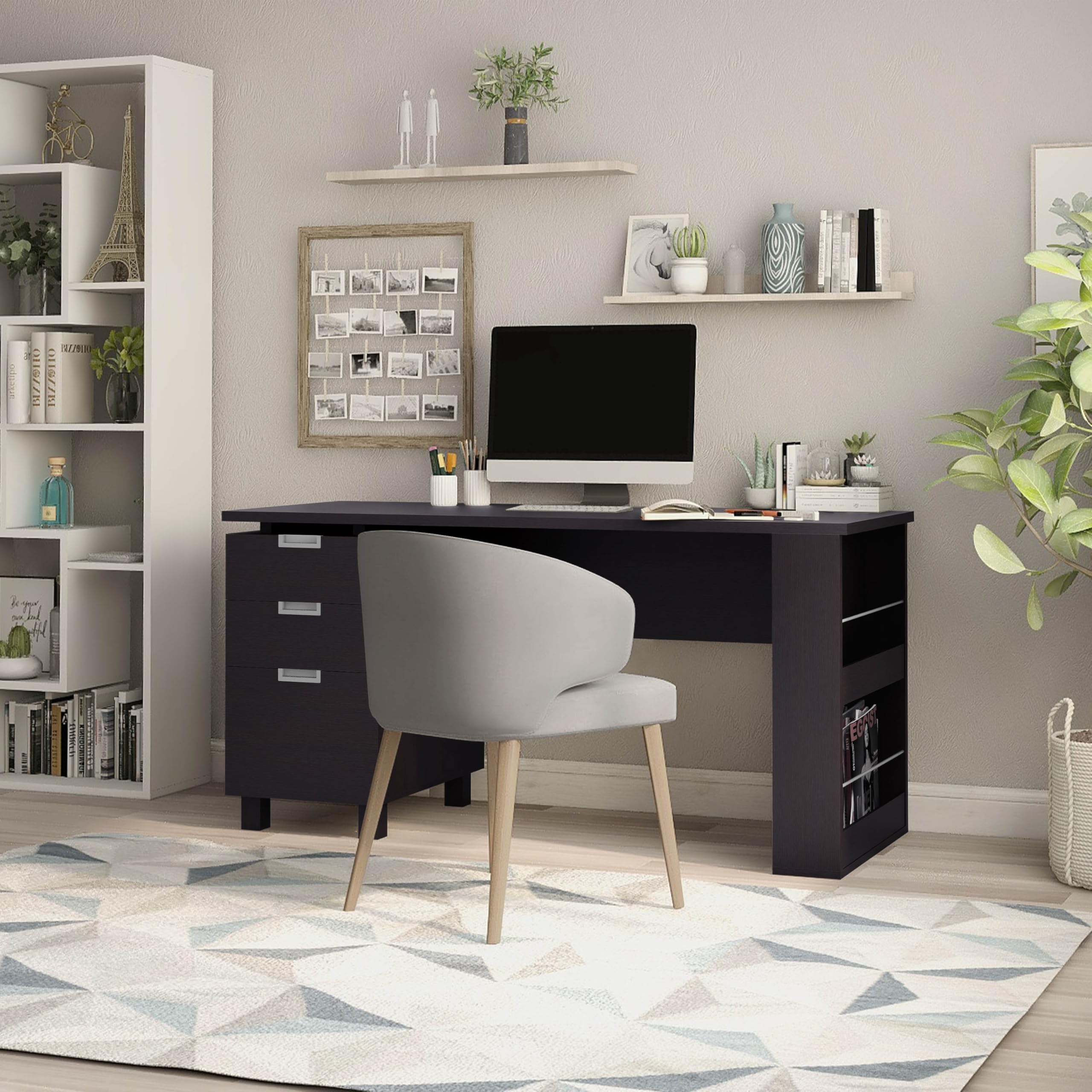 3-Drawer Office Desk with File Cabinet & Magazine Racks, Espresso