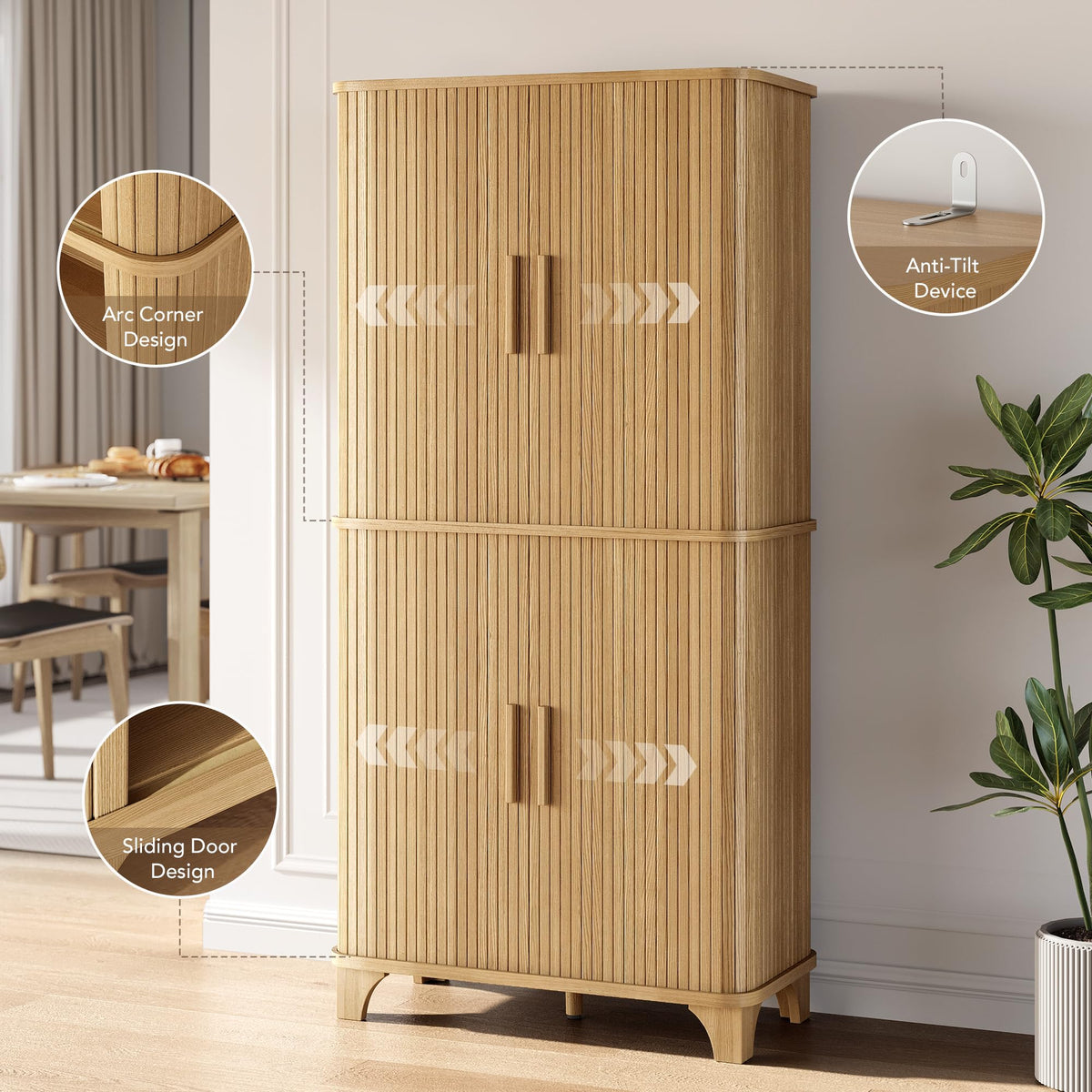Fluted Pantry Cabinet with Sliding Door