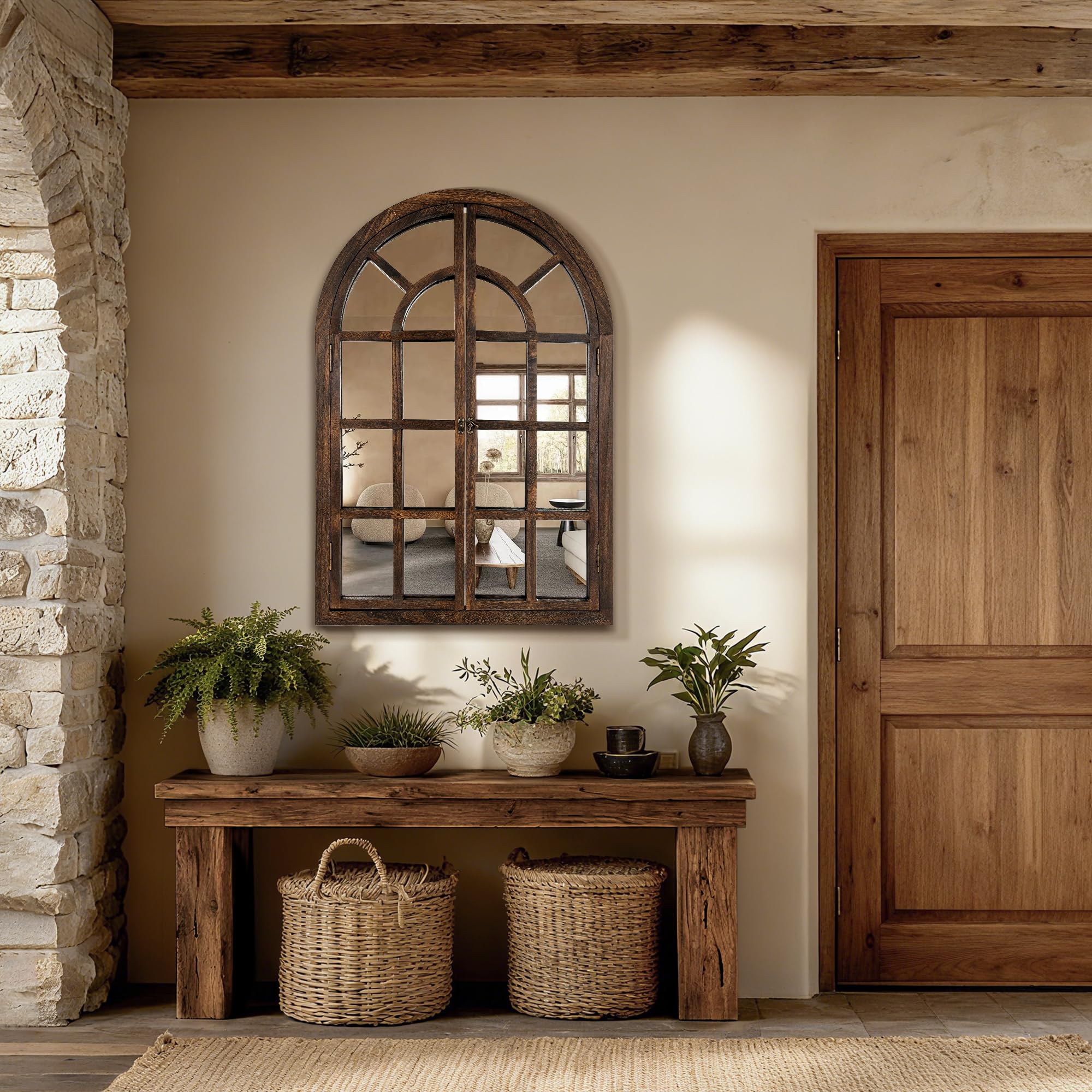 Arched Farmhouse Wall Mirror with Wood Frame