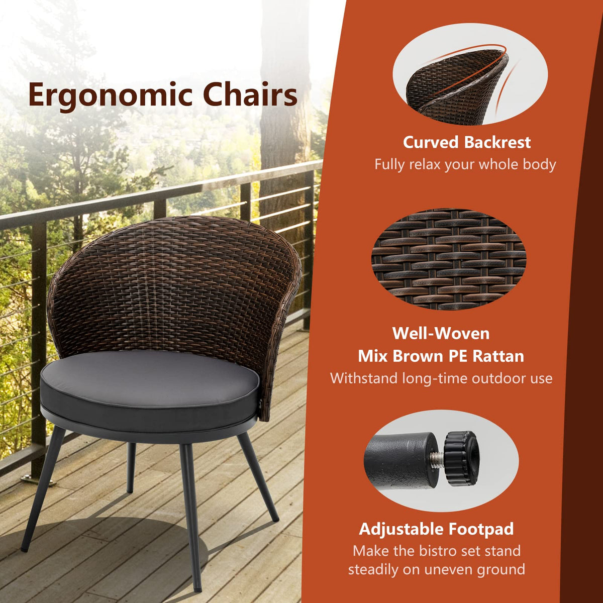 Tangkula 3 Piece Patio Rattan Bistro Set, Outdoor Wicker Conversation Set W/ 2 Seat Cushions, Tempered Glass Tabletop, Adjustable Footpads, Suitable for Indoor, Backyard, Poolside (Gray)