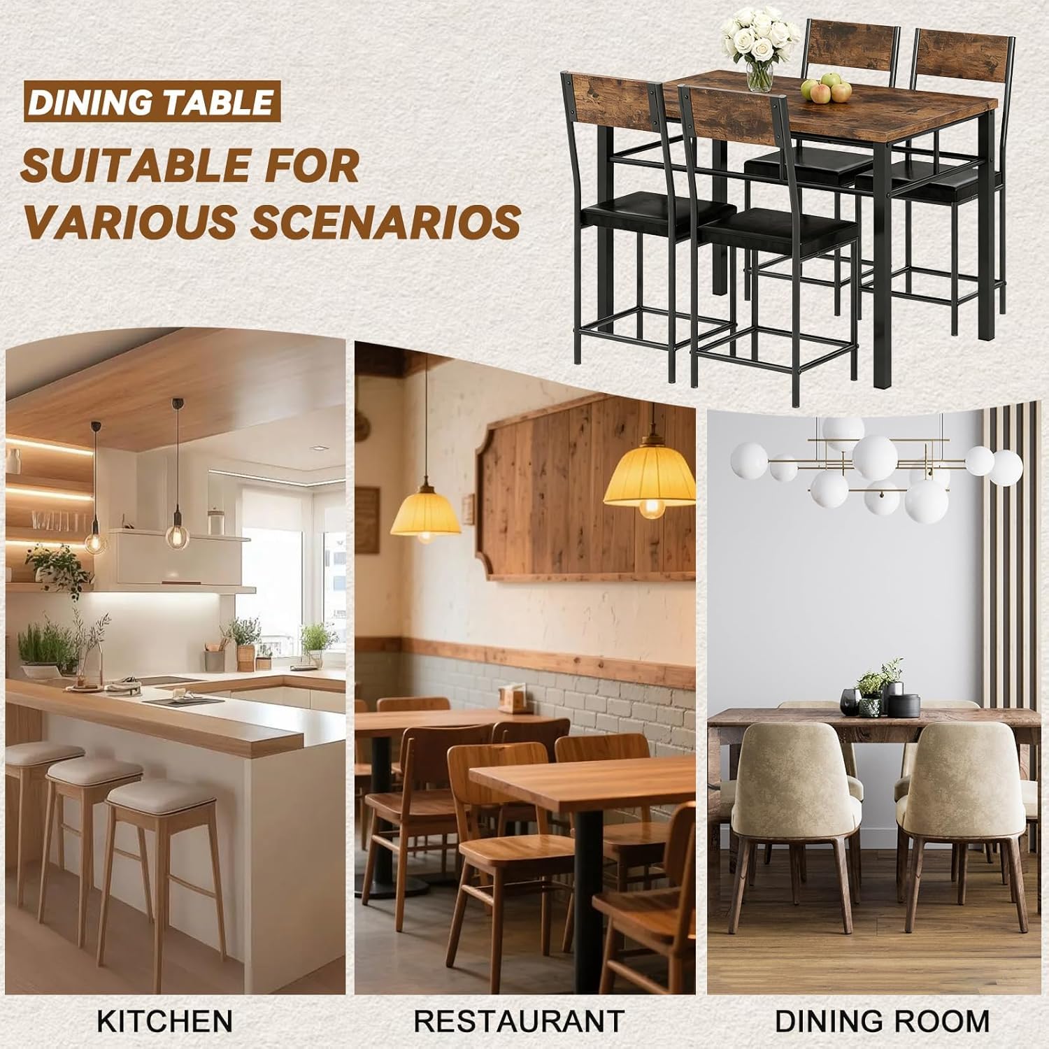Viugex 5-Piece Dining Table Set for 4, Modern Wooden Kitchen Table with Upholstered Chairs, Space-Saving Rectangle Dining Room Table for Small Space, Dinette, Apartment, Easy to Assemble, Rustic Brown