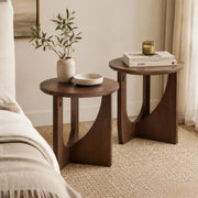 GSSDEE 100% Solid Wood Round Side Table Set of 2, 19.7'' Walnut Brown Small End Table, Sofa Side Table with Sculptural Curved Base, Minimalist Accent Table for Living Room, Bedroom, Reading Nook