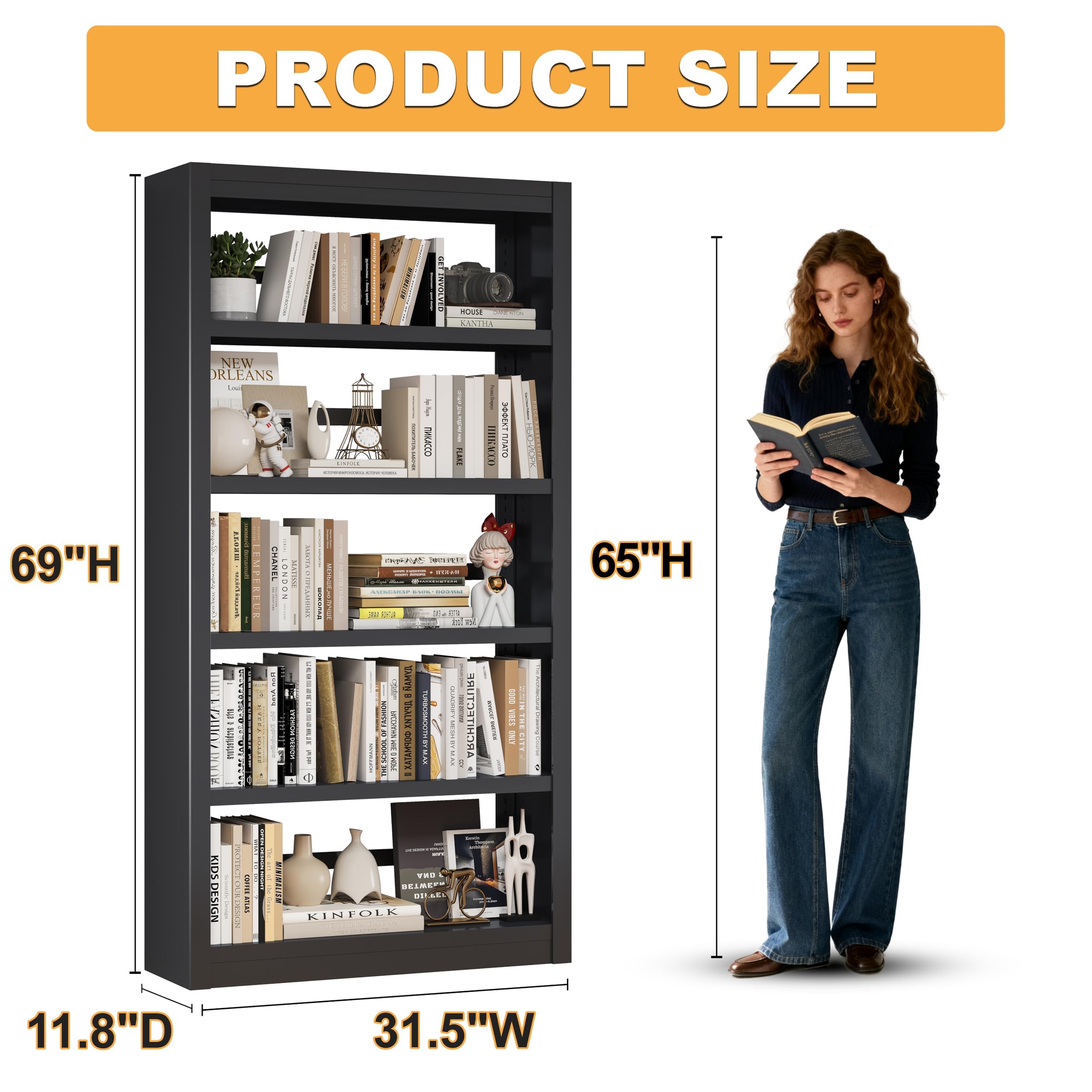 Bookshelf, 69" H Tall Metal Book Shelf, Heavy Duty Modern Book Shelves, 5 Tier Black Bookcase with Adjustable Shelves for Living Rooms, Home Offices, Library, 10 Minutes Assemble