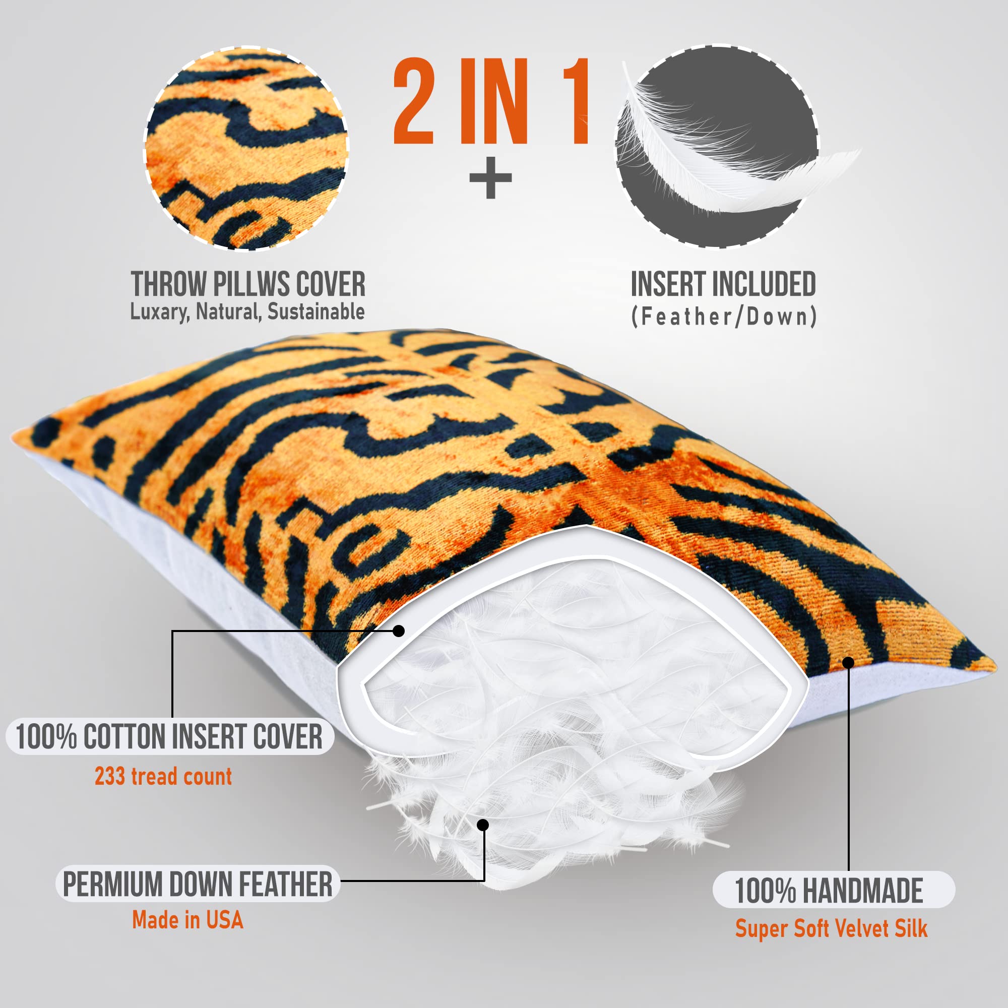 Velvet Tiger Print Throw Pillow with Down Feather Insert