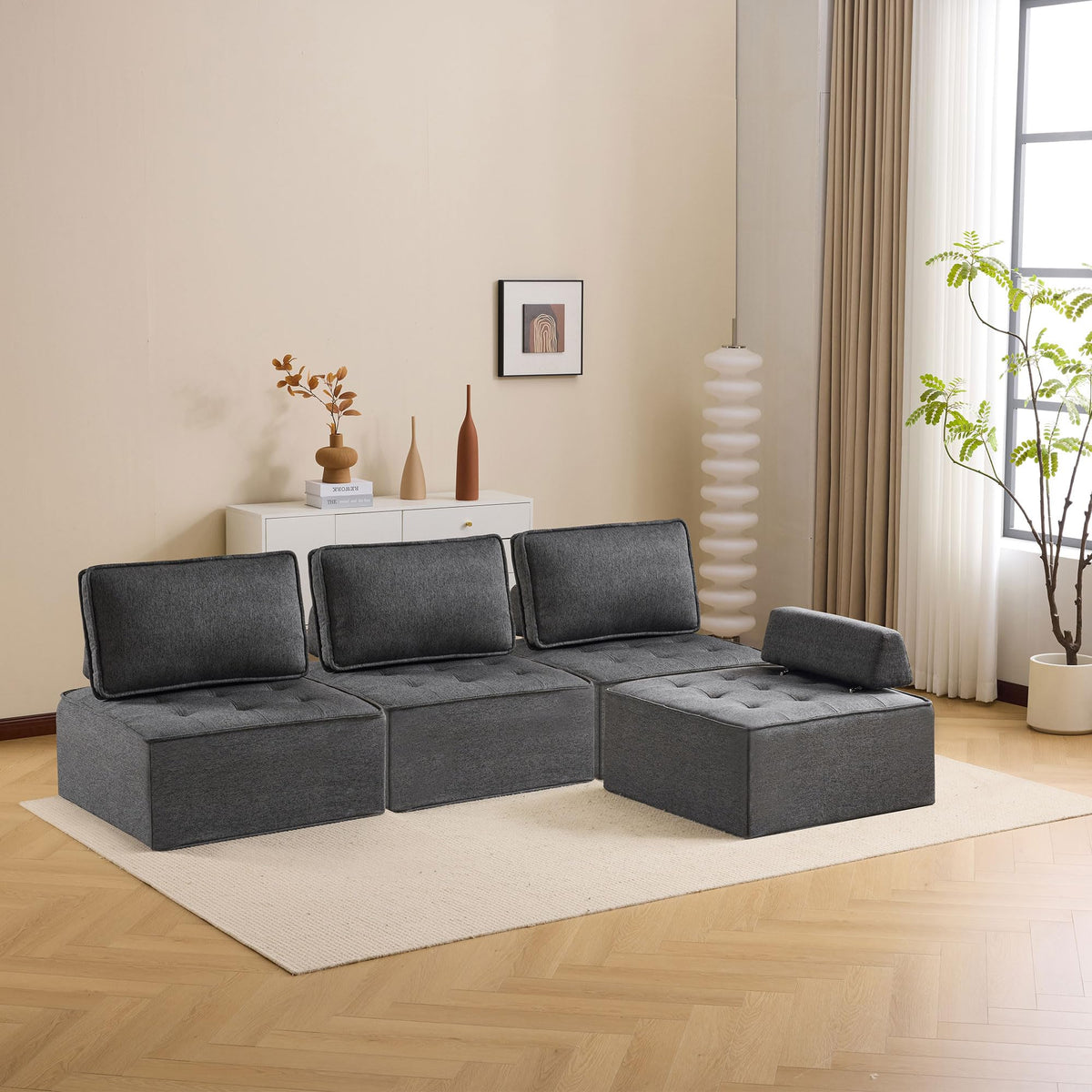 GDFStudio Modular Sofa Couch with Wooden Frame, Linen Fabric Single Module Sofa, Freely Configurable Sectional Seating, Independent Spring Support, Modern Living Room Furniture, Dark Grey