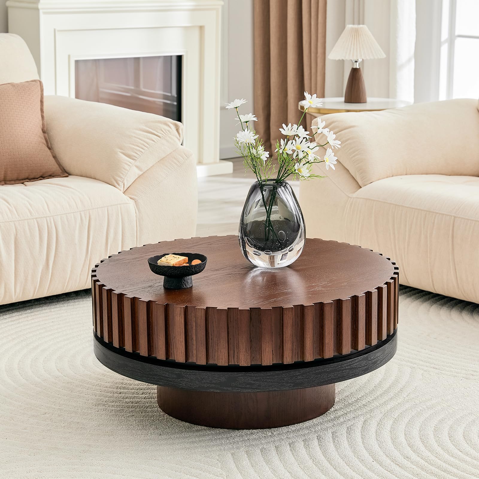 LKTART 31.5" Fluted Drum Coffee Table, Round Center Table with Black Walnut Accent & Textured Base, Easy Assembly, Mid-Century Modern Wood Veneer Cocktail Table for Living Room, Apartment, Office