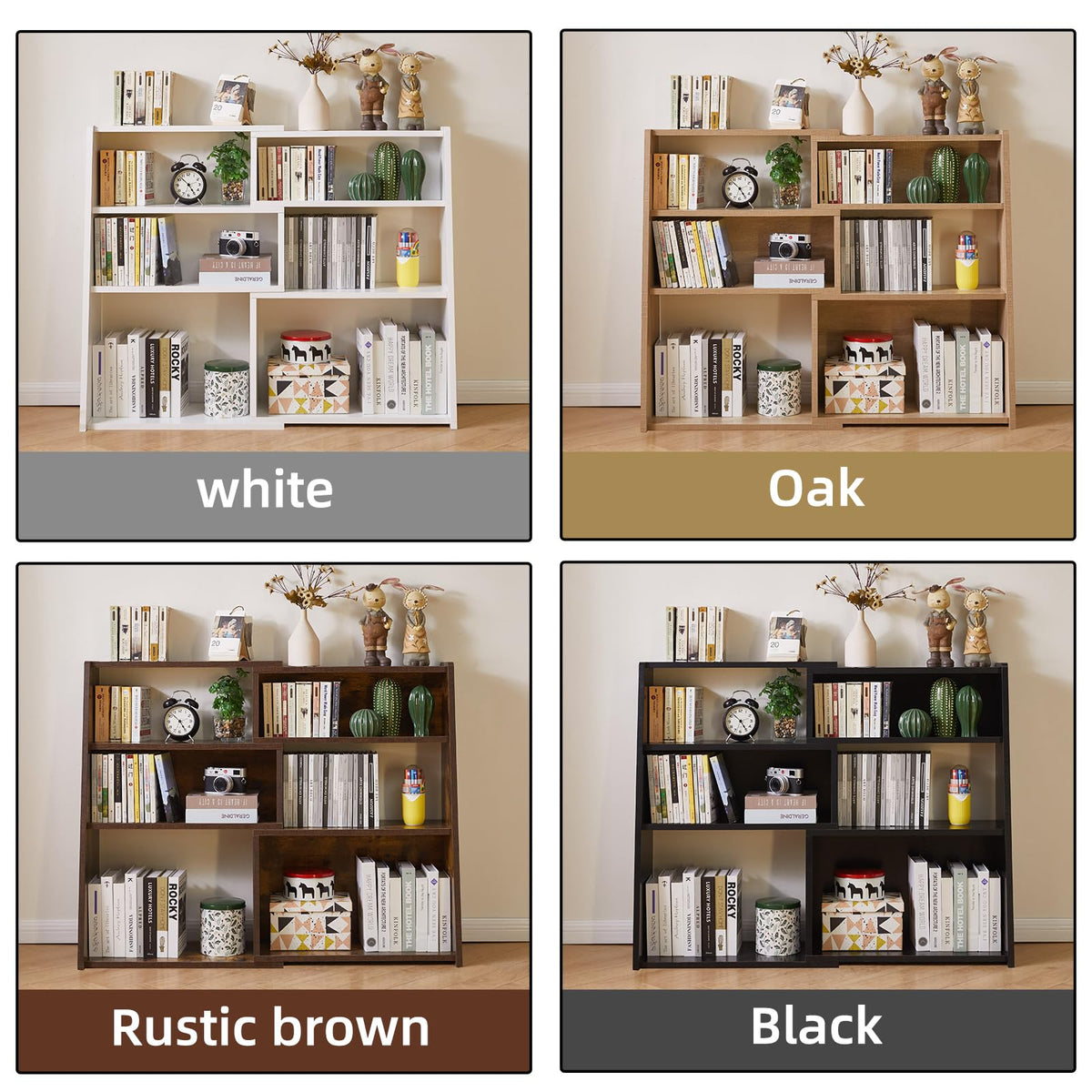 Aibiju Expandable 3-in-1 Convertible Bookcase with Adjustable Width, 4-Tier Modern Storage Organizer, Space-Saving Wooden Bookshelf Rustic Brown YD-BC005H