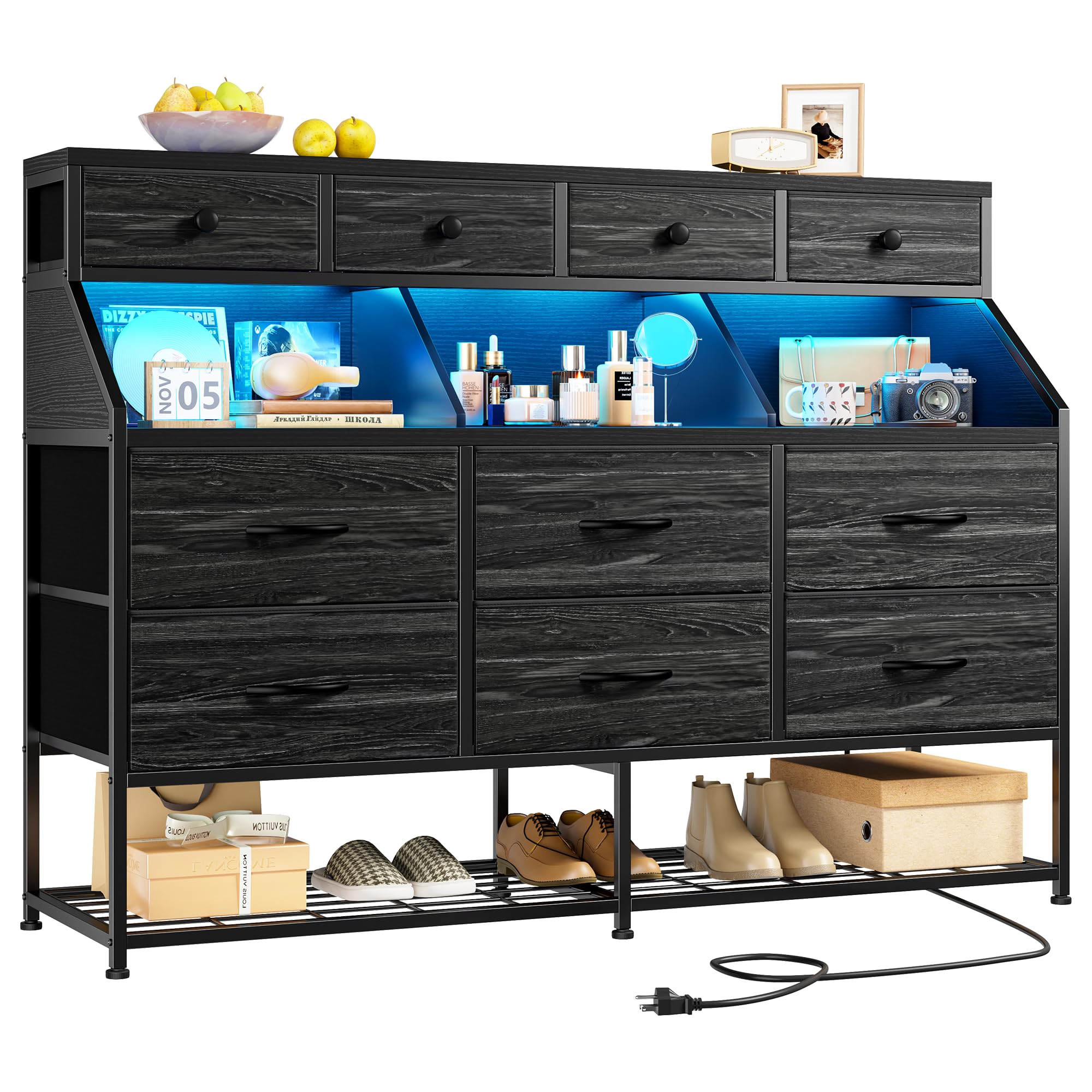 EnHomee Dresser for Bedroom with 10 Drawers & Shoe Rack Fabric Dressers & Chests of Drawers with LED Lights and Power Outlets Bedroom Dresser for Entryway, Hallway(Charcoal Black)