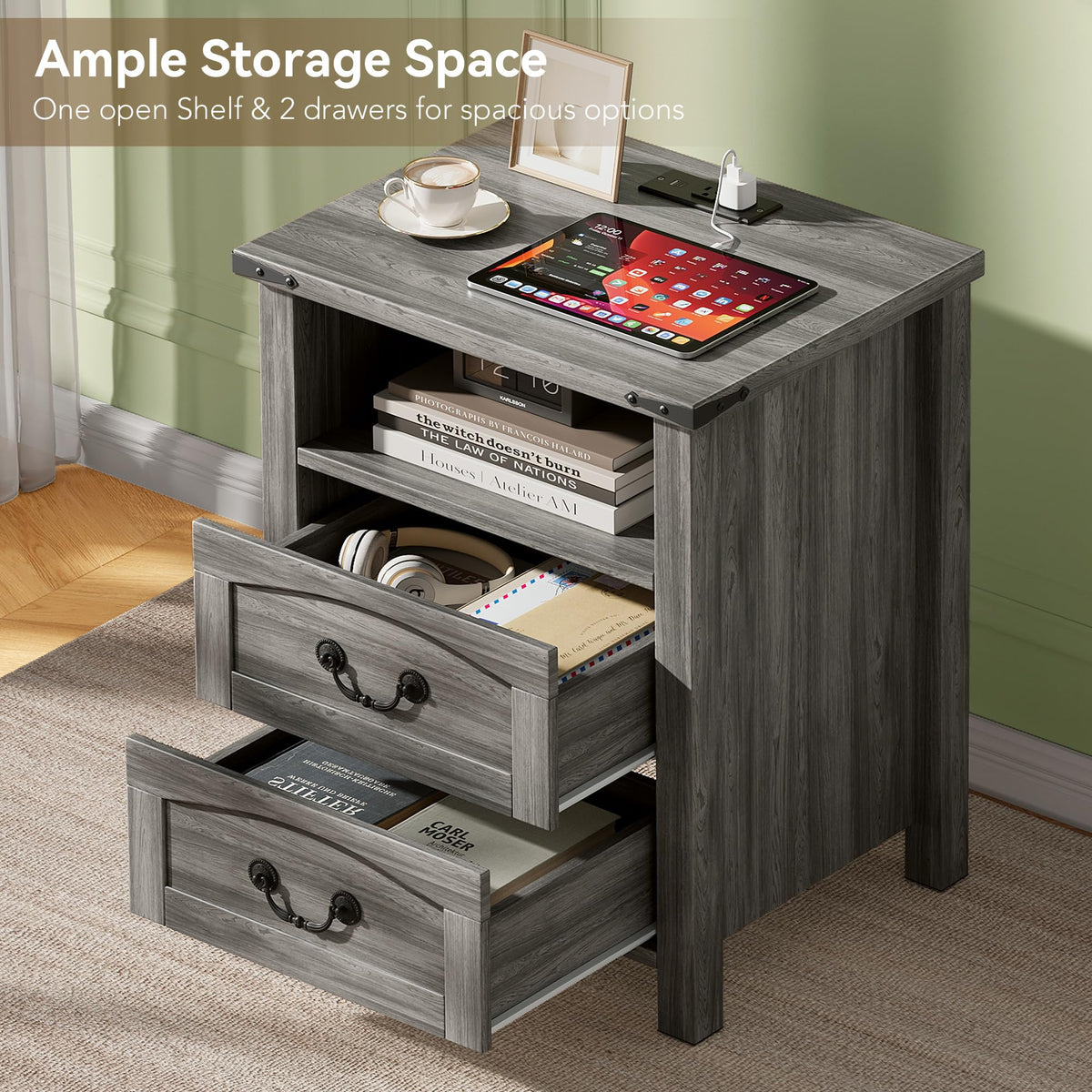 Decofy Farmhouse Nightstand Set of 2 with Charging Station, 2 Drawers, 18" Wide Rustic Bedside Table with Open Shelf, Wood End Table, Night Stand Set of 2 for Bedroom, Grey Oak