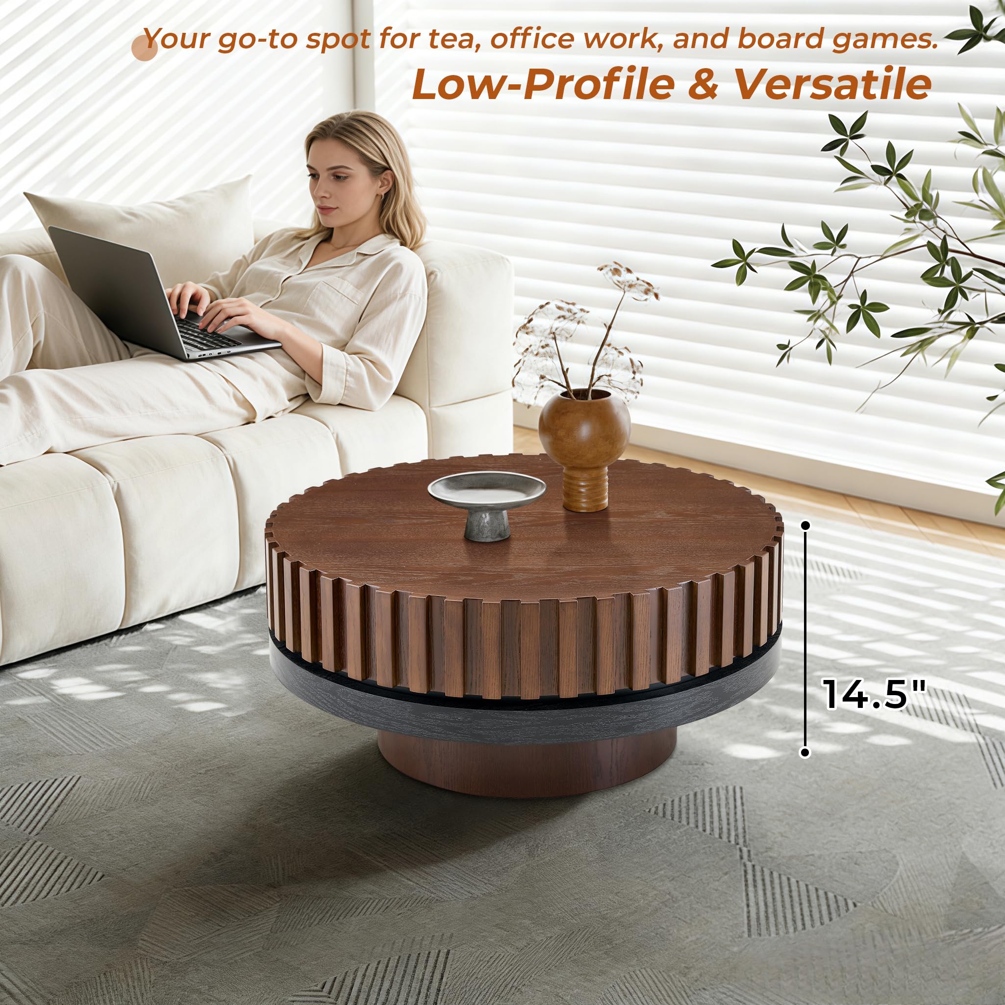 LKTART 31.5" Fluted Drum Coffee Table, Round Center Table with Black Walnut Accent & Textured Base, Easy Assembly, Mid-Century Modern Wood Veneer Cocktail Table for Living Room, Apartment, Office