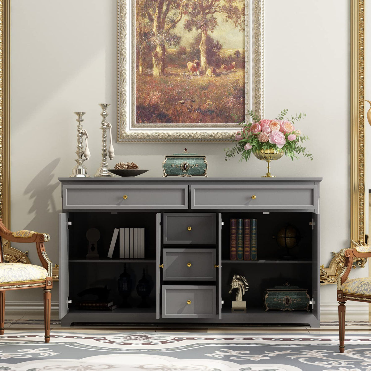 AIEGLE Grey Kitchen Sideboard Buffet Cabinet with 4 Doors & 5 Drawers, 59.1" W Large Storage Cabinet Console Table Entryway Cupboard, Wood Buffet Server Bar for Dining Living Room