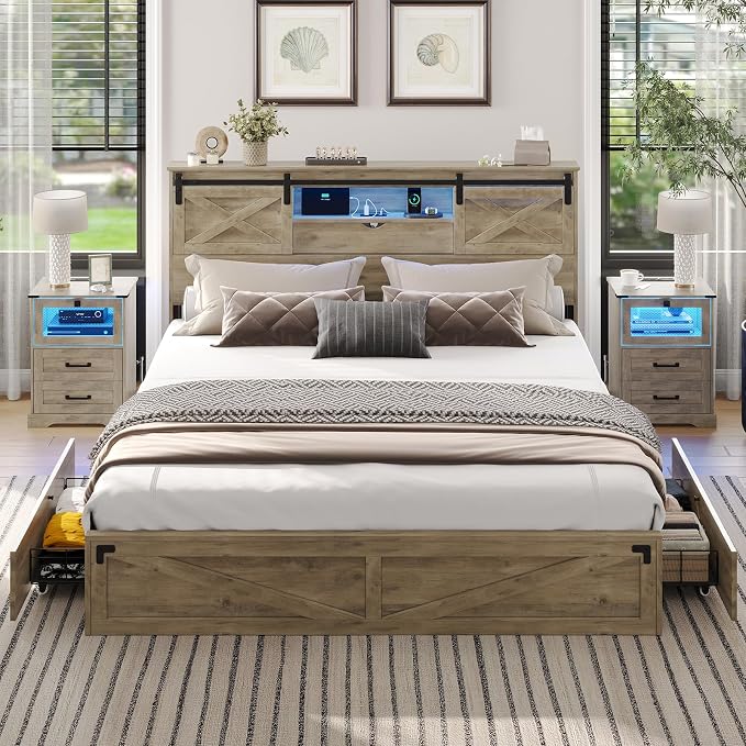 King Farmhouse Storage Bed with LED Lights