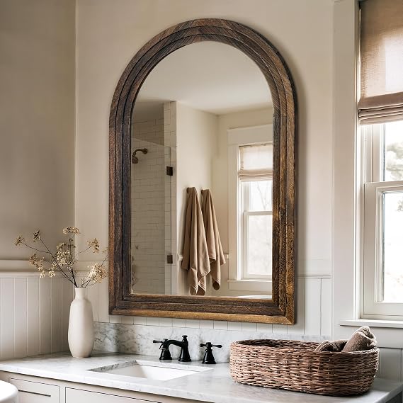 Arched Brown Wood Wall Mirror