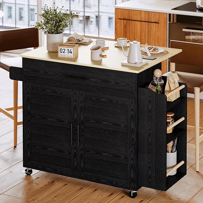 Kitchen Island with Storage & Drop Leaf on Wheels