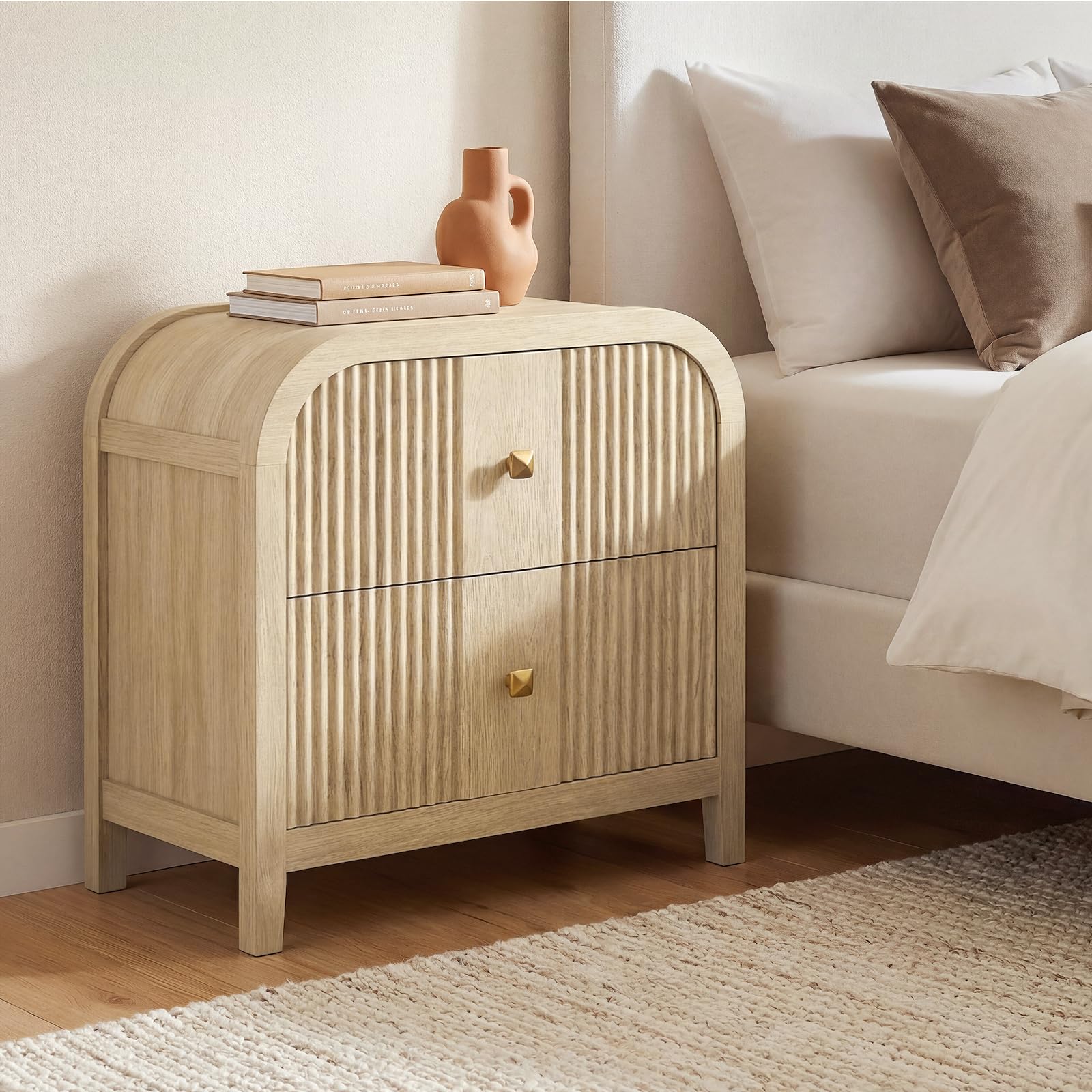 2-Drawer Wave-Fluted Nightstand with Curved Top