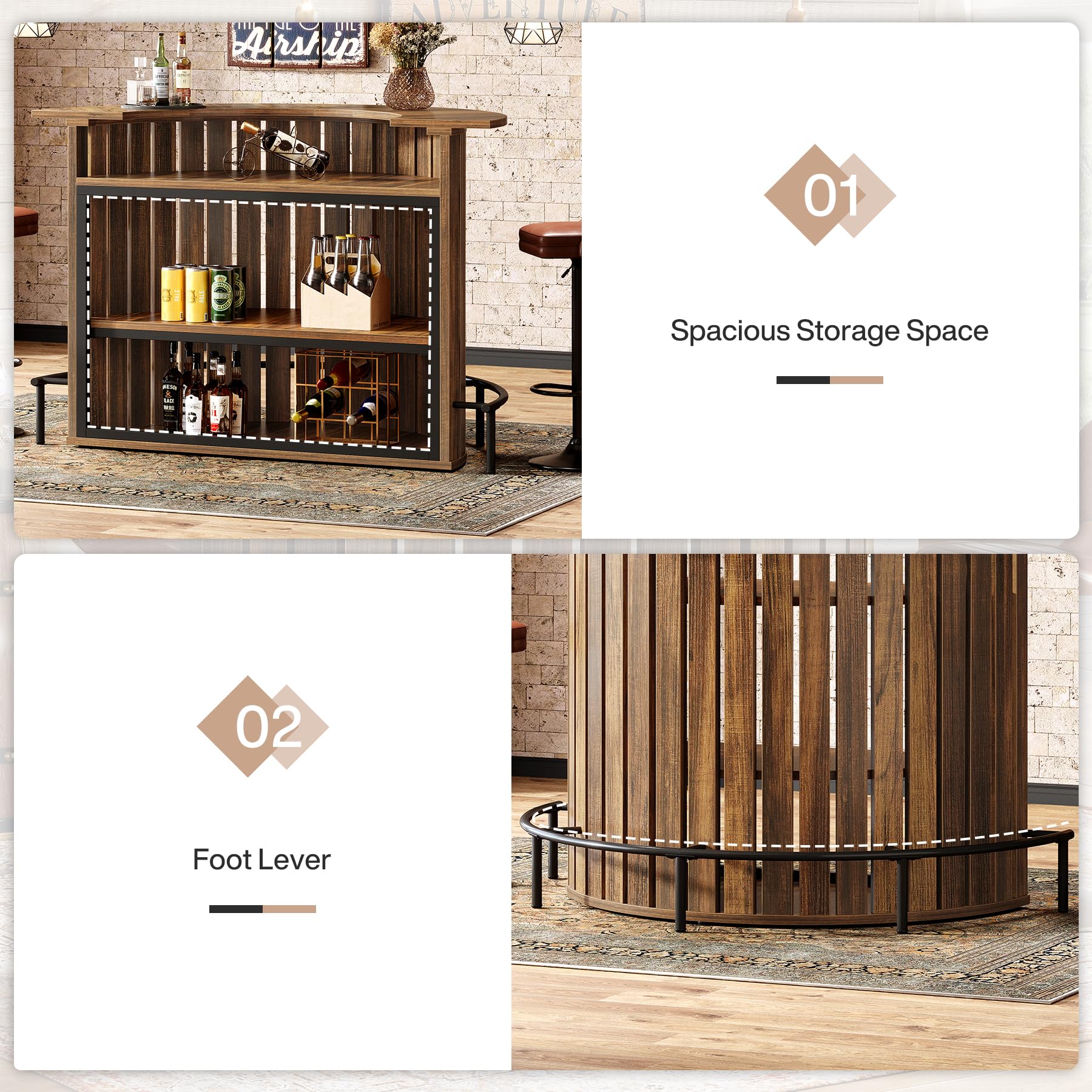 Tribesigns 4-Tier Bar Table, 47.24" Mini Home Bar Table with Footrest, Arc-Shaped Modern Bar Cabinet for Home, Living Room, Rustic Brown