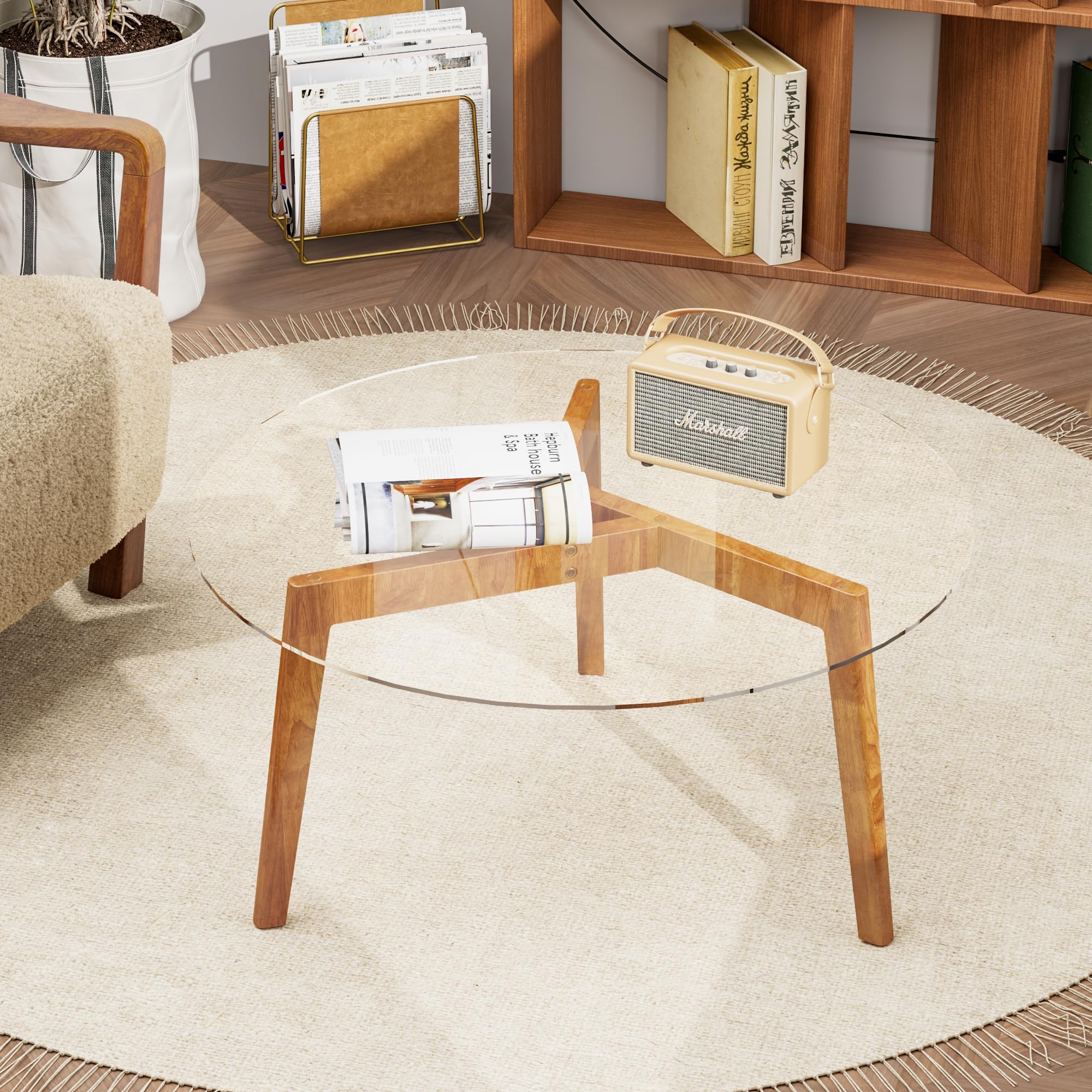 WFSRESTD Glass Coffee Table, Small Round Coffee Tables with Solid Wood Legs, Mid Century Modern Center Table with Glass Top for Small Spaces, Living Room, 31.5x31.5x15.4