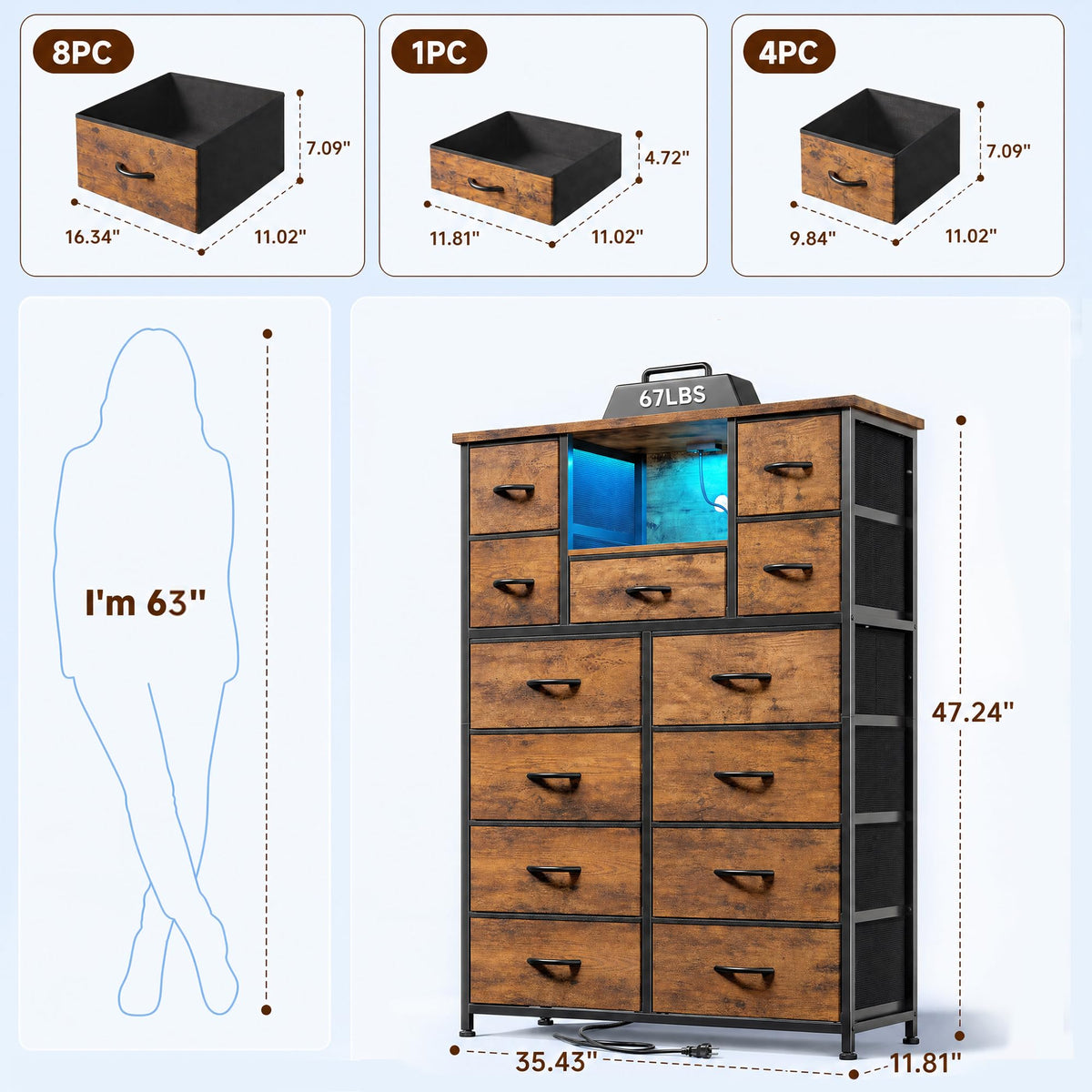 Bepatio Dresser for Bedroom, Charge-Station, LED Light and 13-Drawer, Brown