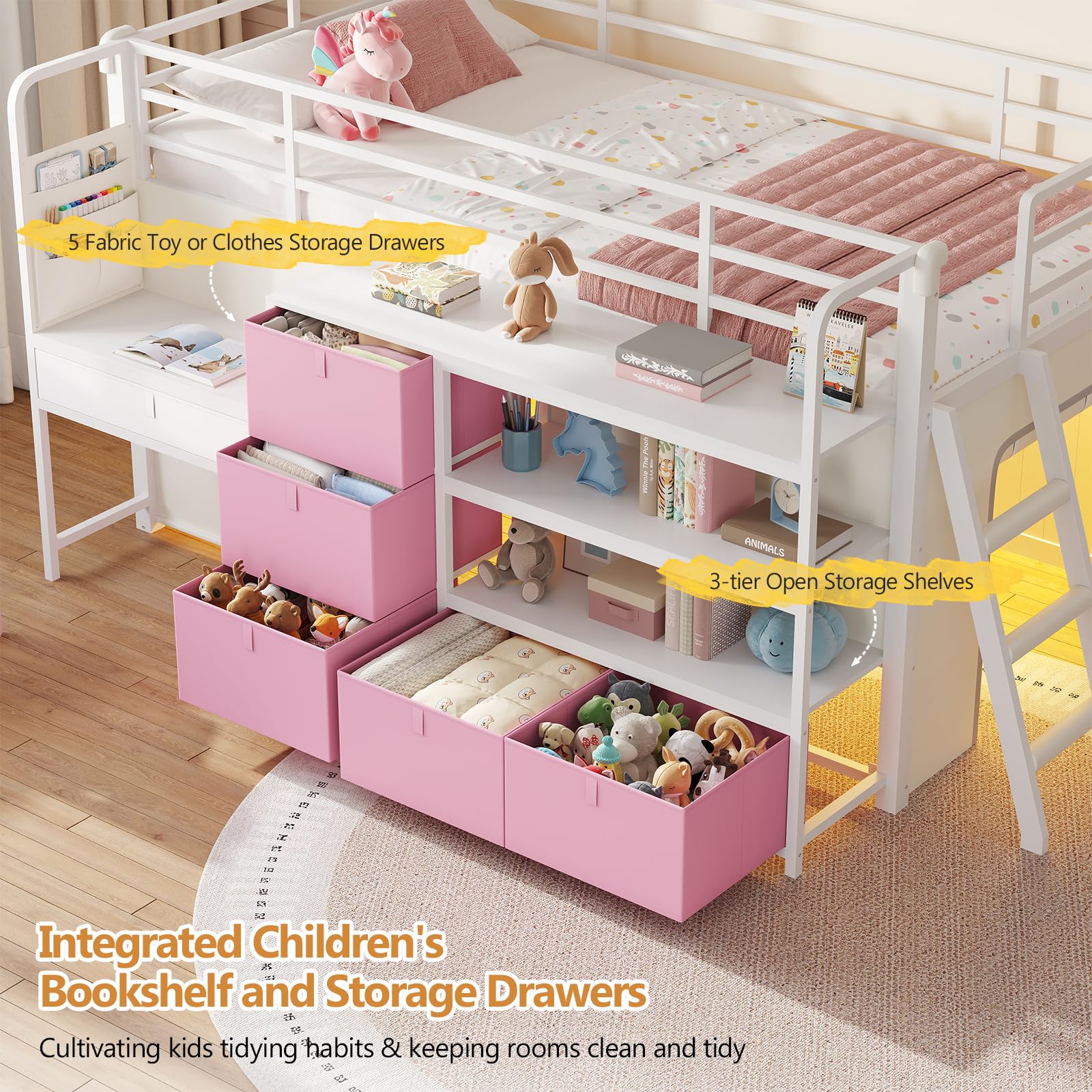 Twin Low Loft Bed with Desk, Storage Drawers & LED Lights