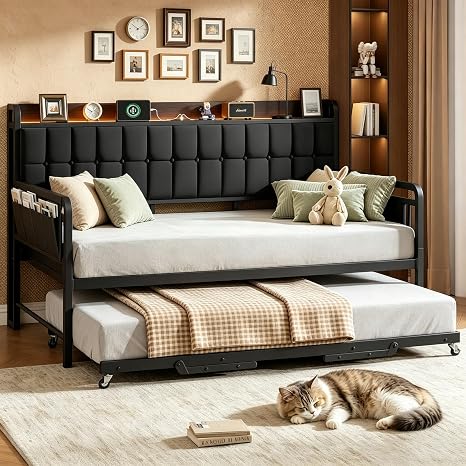 Twin Metal Daybed with Trundle, LED, Charging Station & Storage Headboard