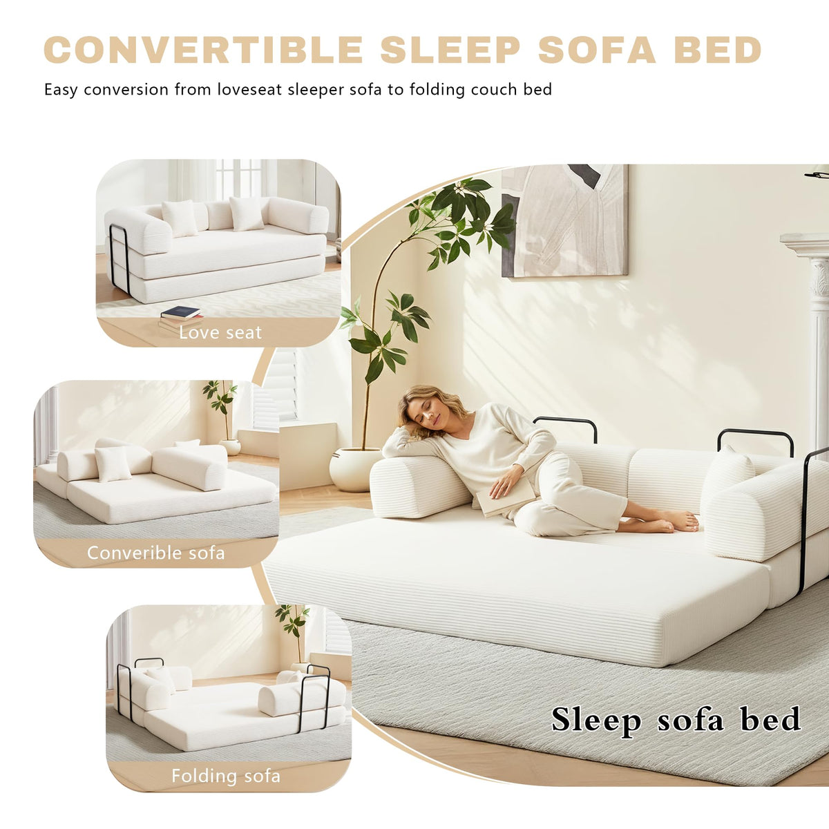 GAOHAPY 80 Inch Multi-Functional Convertible Sofa Bed, Fixed Shape Frame, High Density Foam with Corduroy, Easy Assembly, for Living Room and Bedroom. (Beige)