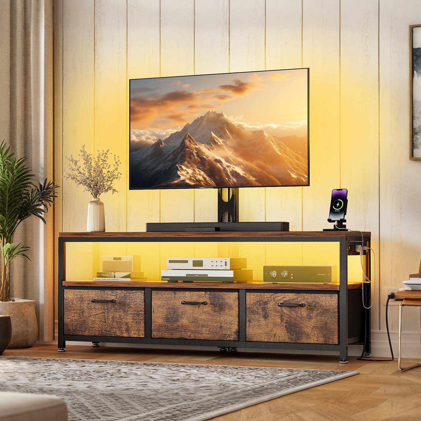 TV Stand with Mount, Power Outlet & LED Lights