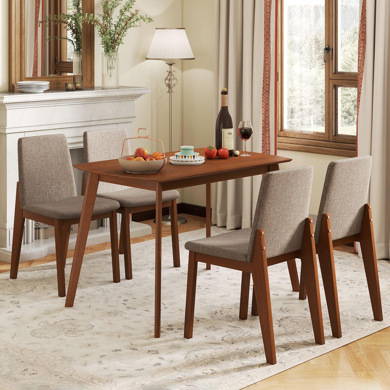 Giantex Dining Table Set for 4, Rectangular Kitchen Table and Chairs Set w/Rubber Wood Frame, Padded Seats & Backrests, Space-saving Dinette Set for Small Space, Apartment, Dining Room, Breakfast Nook