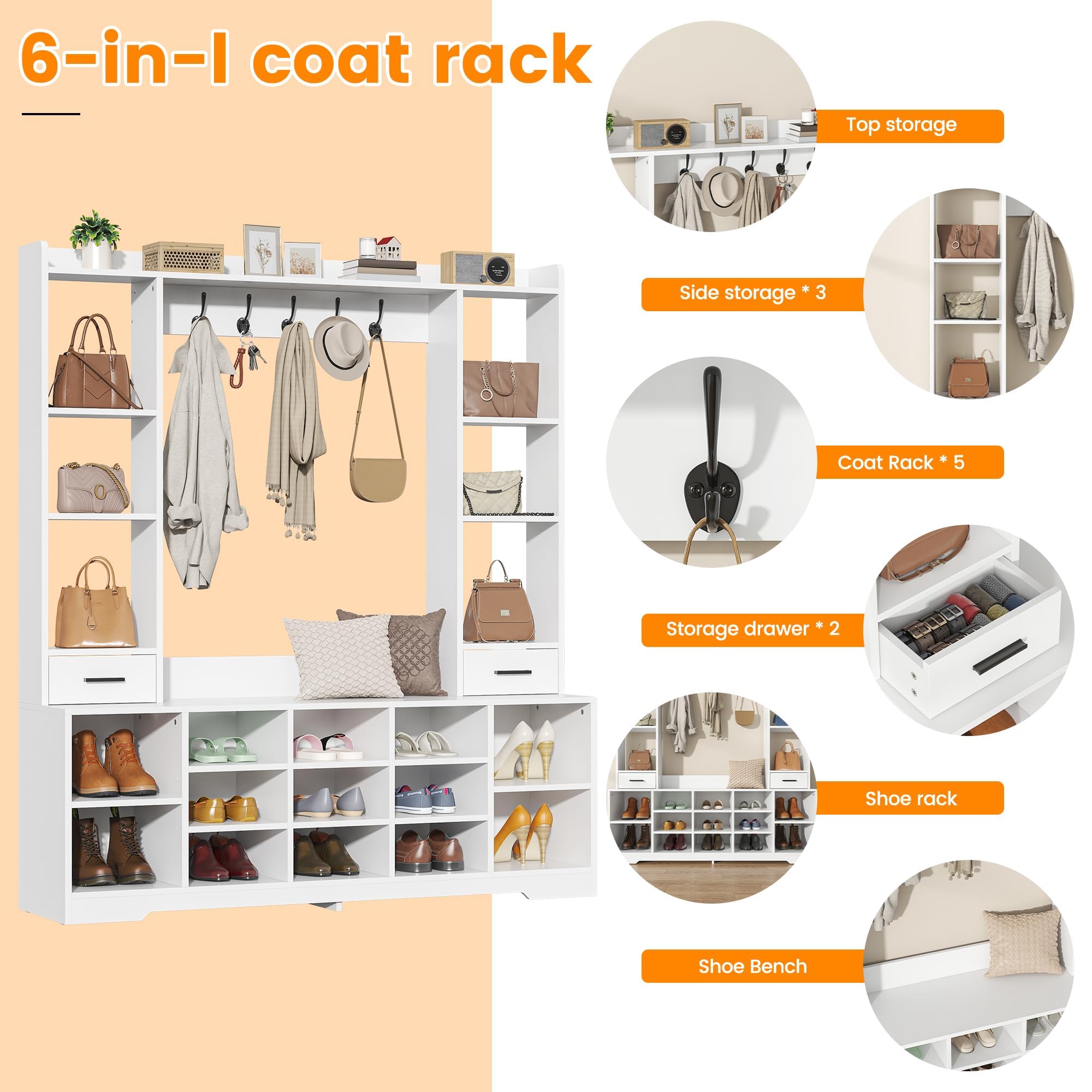 Farmhouse Hall Tree with Shoe Storage & Coat Rack