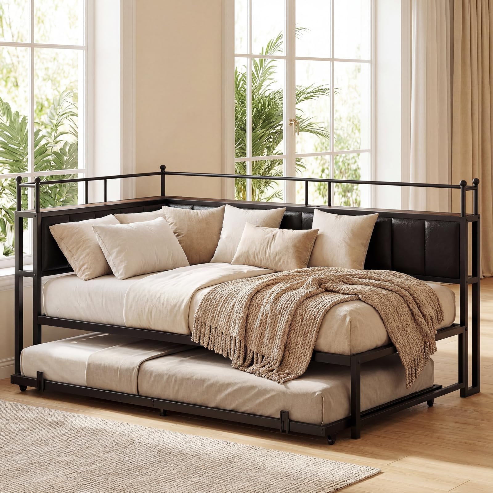 LIKIMIO Daybed with Trundle, Twin Corner Bed Frame with Bedside Storage,Sofa Day Bed for Living Room, Bedroom and Guest Room,Black