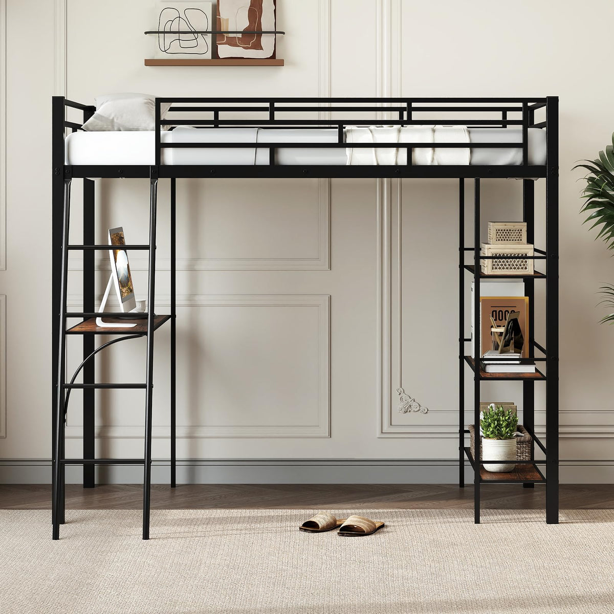 GIANTEX Twin Size Loft Bed with Desk & Shelves, Metal Bed Frame with Inclined Ladder & Full-Length Guardrails, High Loft Bed for Kids, Teens, Home, Dorm, Apartment, No Box Spring Needed