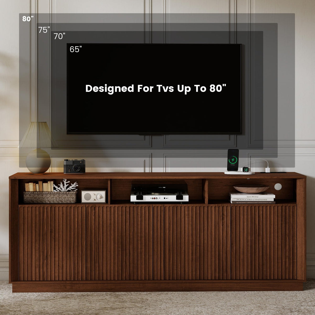 70" Fluted TV Stand for TVs up to 80" with LED Lights Power Outlet, Walnut