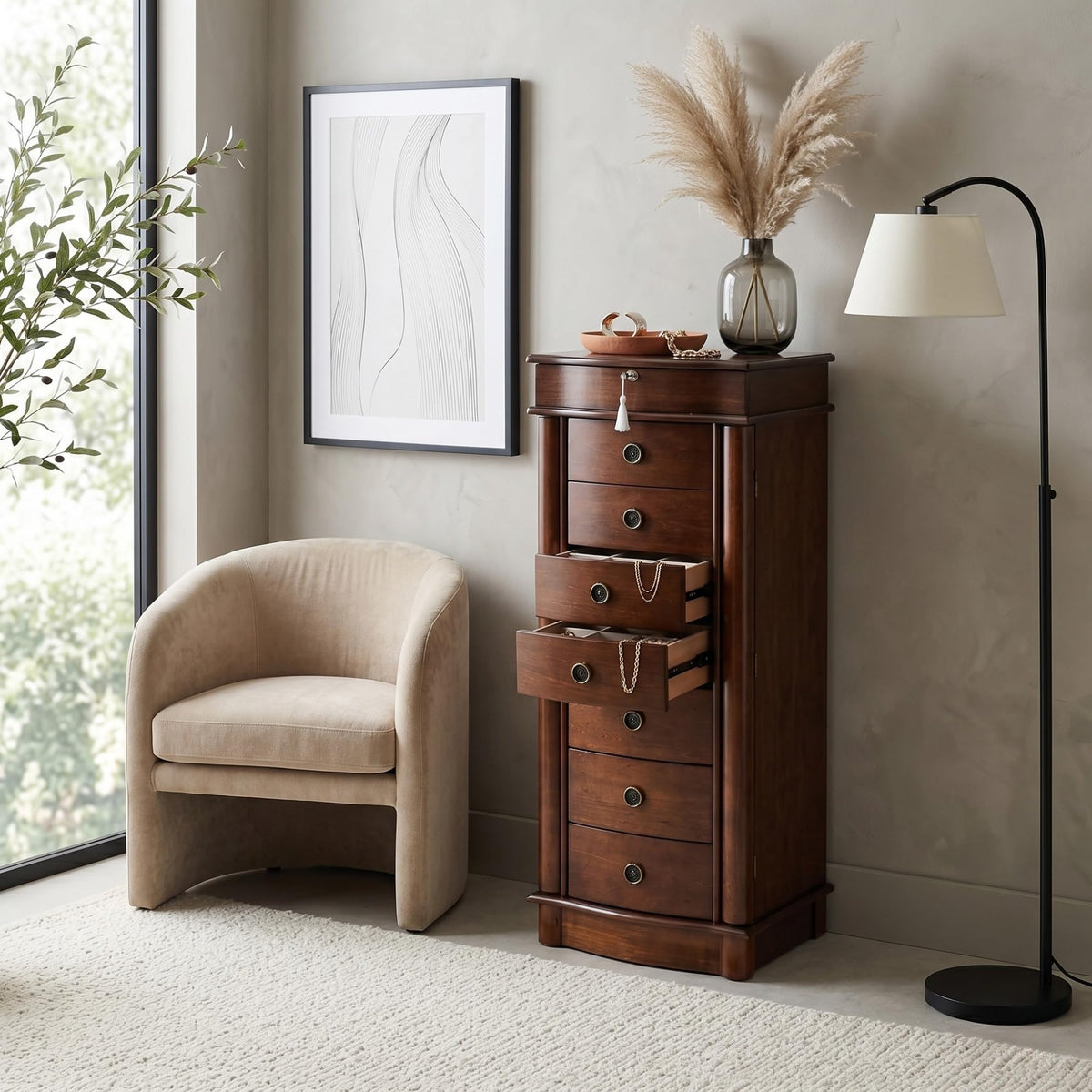 Walnut Jewelry Armoire with Mirror