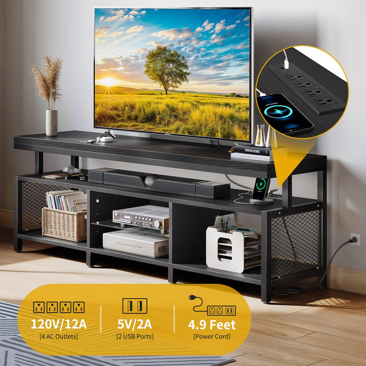 Black LED TV Stand with Power Outlets