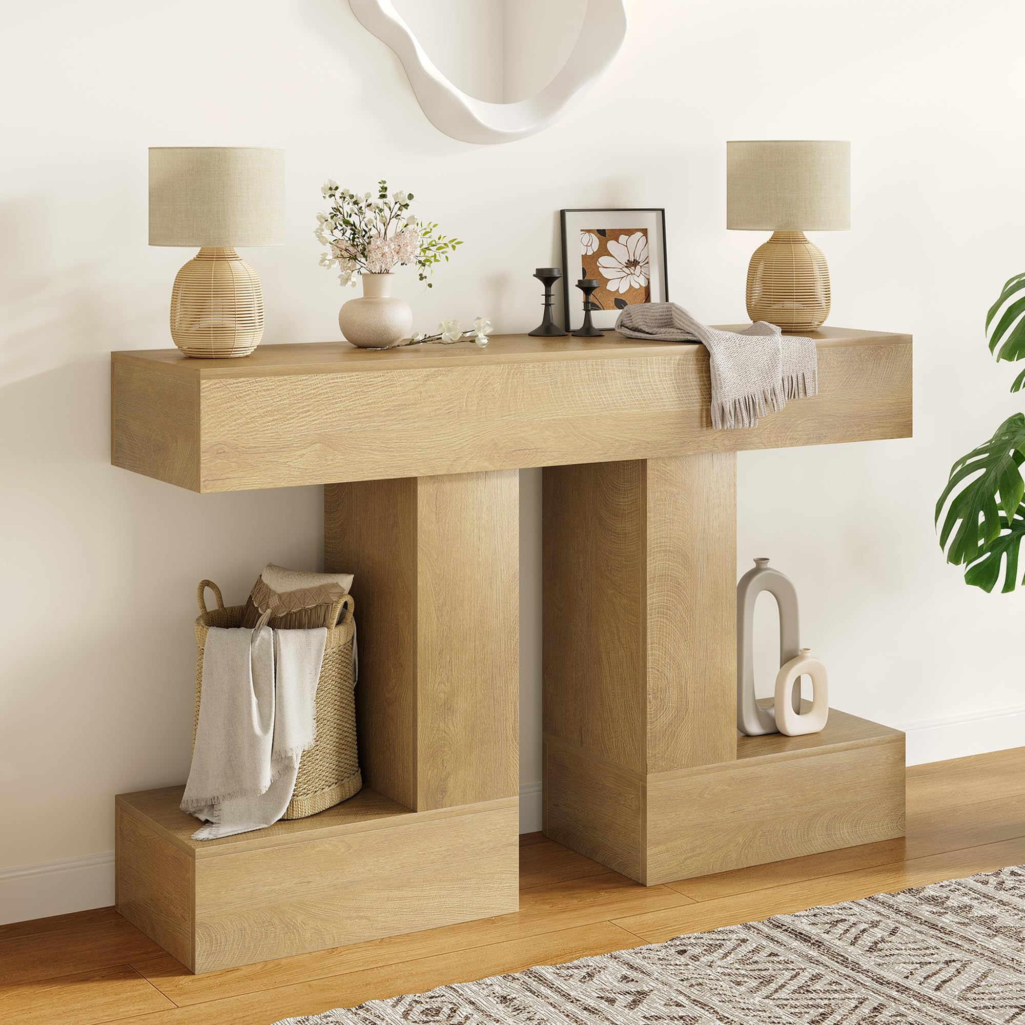Vividwood 47.24-Inch Console Table, Farmhouse Sofa Table Behind Couch with Storage, Industrial Entryway Table for Living Room, Hallway, Entrance & Foyer, Natural Wood Finish
