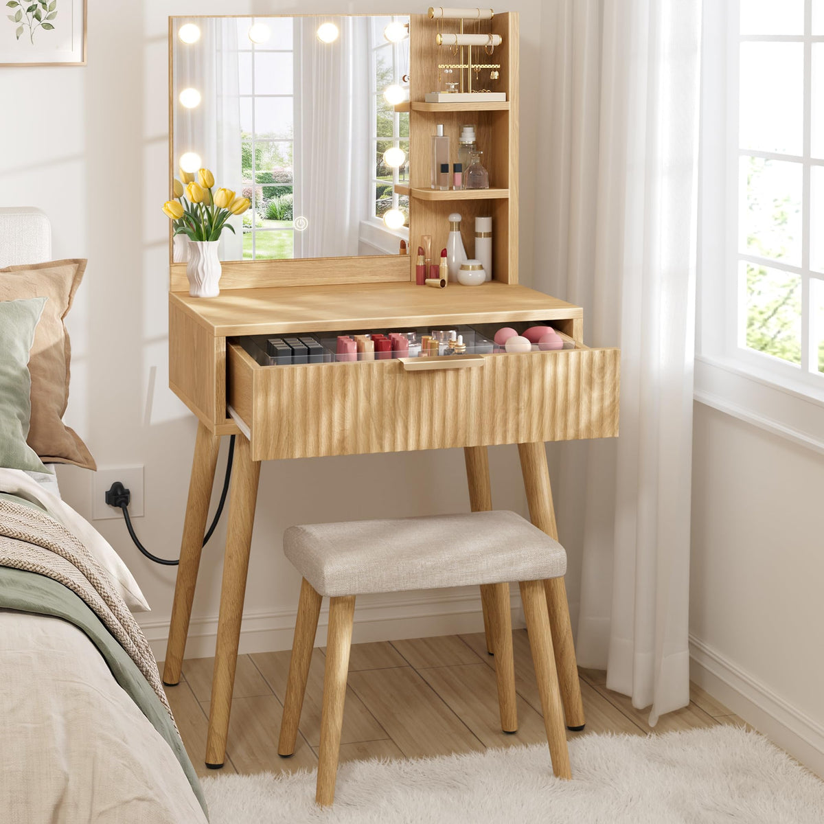 Fluted Makeup Vanity with Lights and Stool