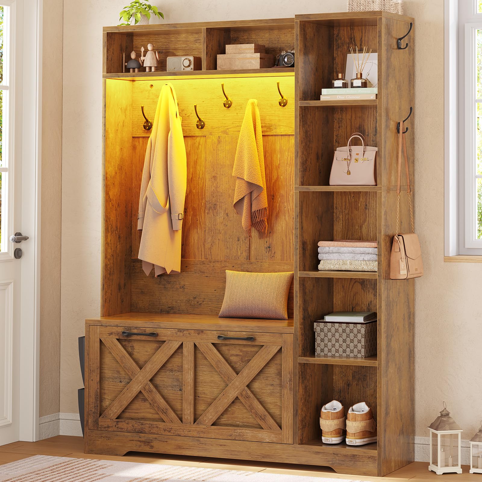 6-in-1 Hall Tree with Bench & Shoe Storage