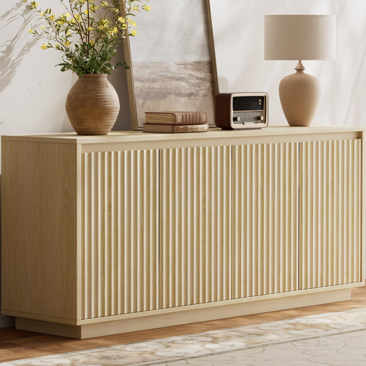 Lulive 63" Fluted Buffet Cabinet Sideboard with Storage Credenza 4 Doors Wood Modern Accent Coffee Bar Console Table for Kitchen Entryway Oak Natural