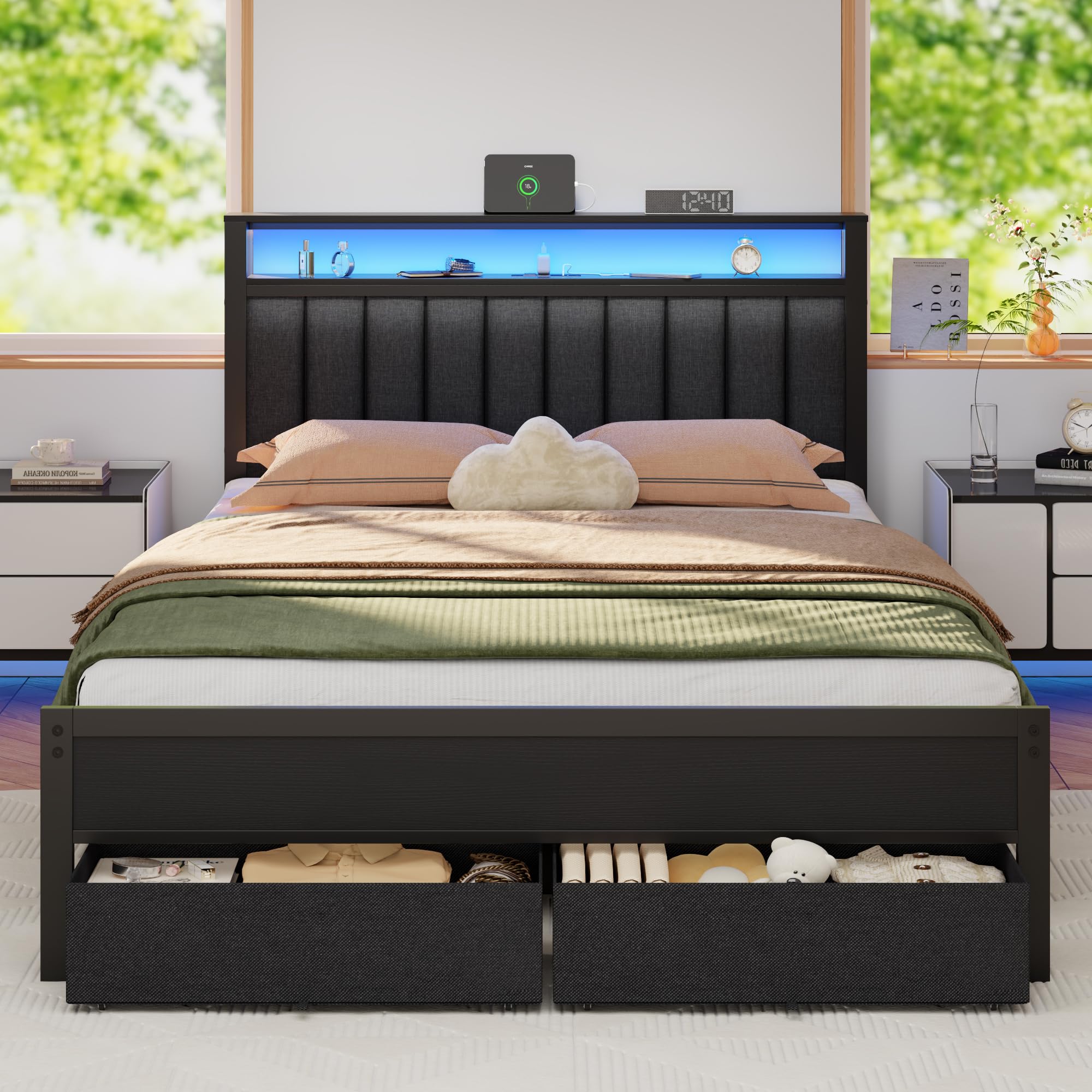 Platform Bed Frame with LED Lights, Charging Station & Storage Drawers